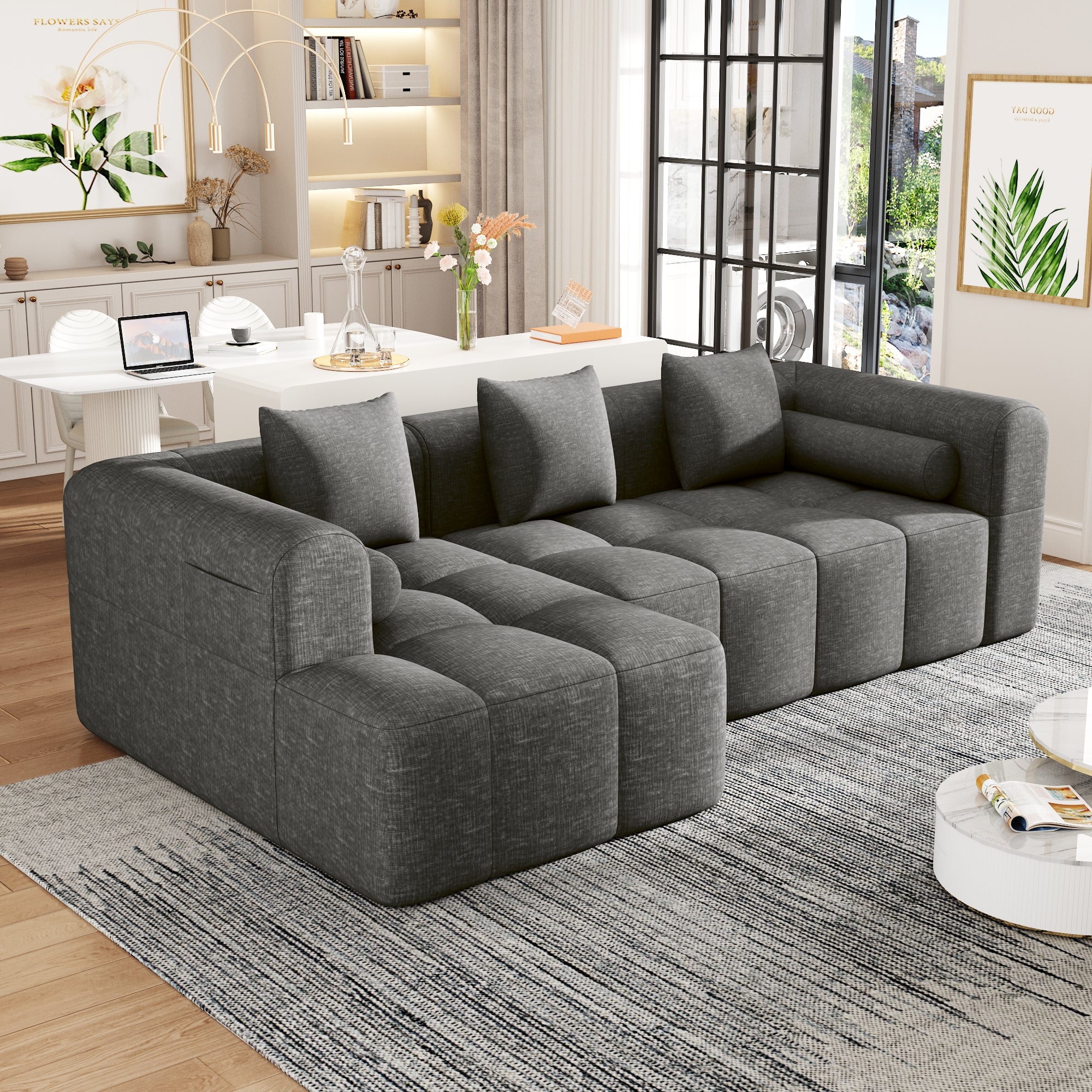 Haworth Grey Chenille 3-Seat Modular Tufted Sectional Sofa with Rolled Arms - MidinMod