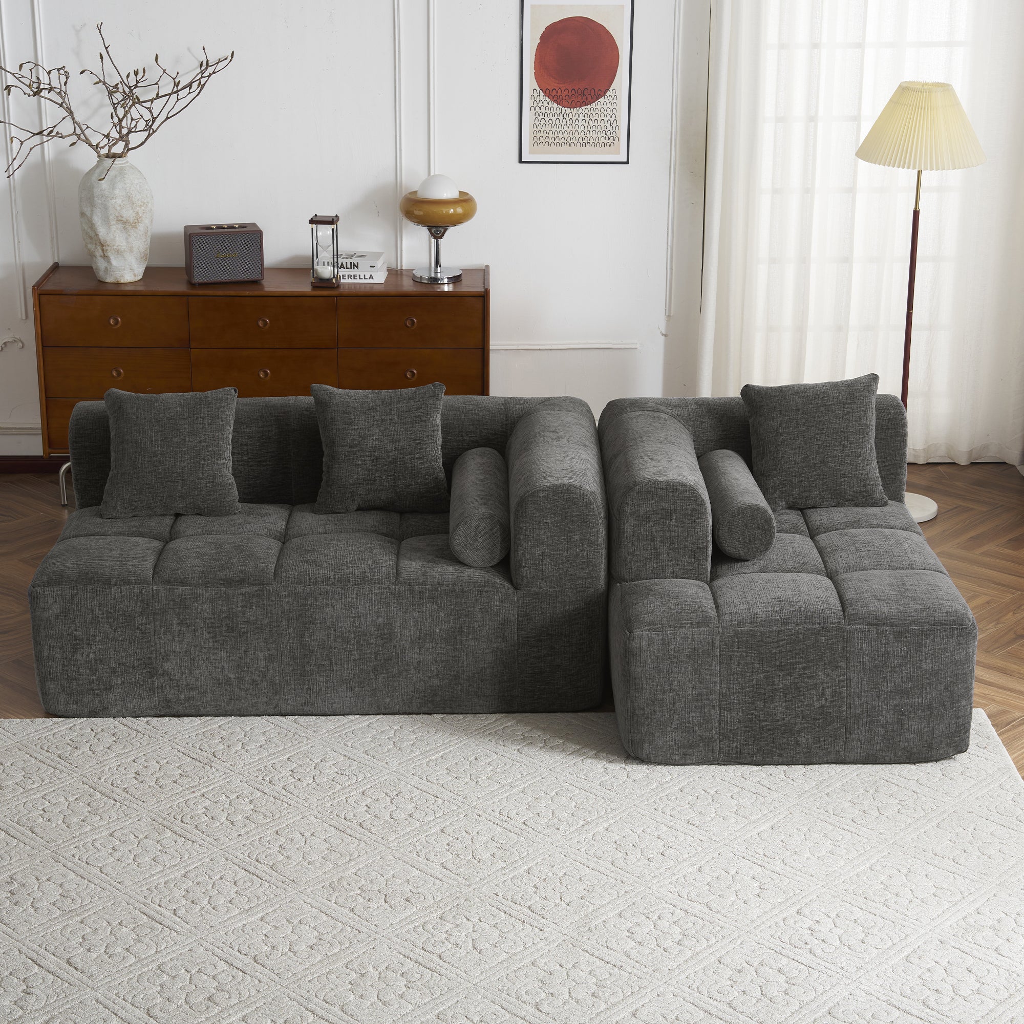 Haworth Grey Chenille 3-Seat Modular Tufted Sectional Sofa with Rolled Arms - MidinMod