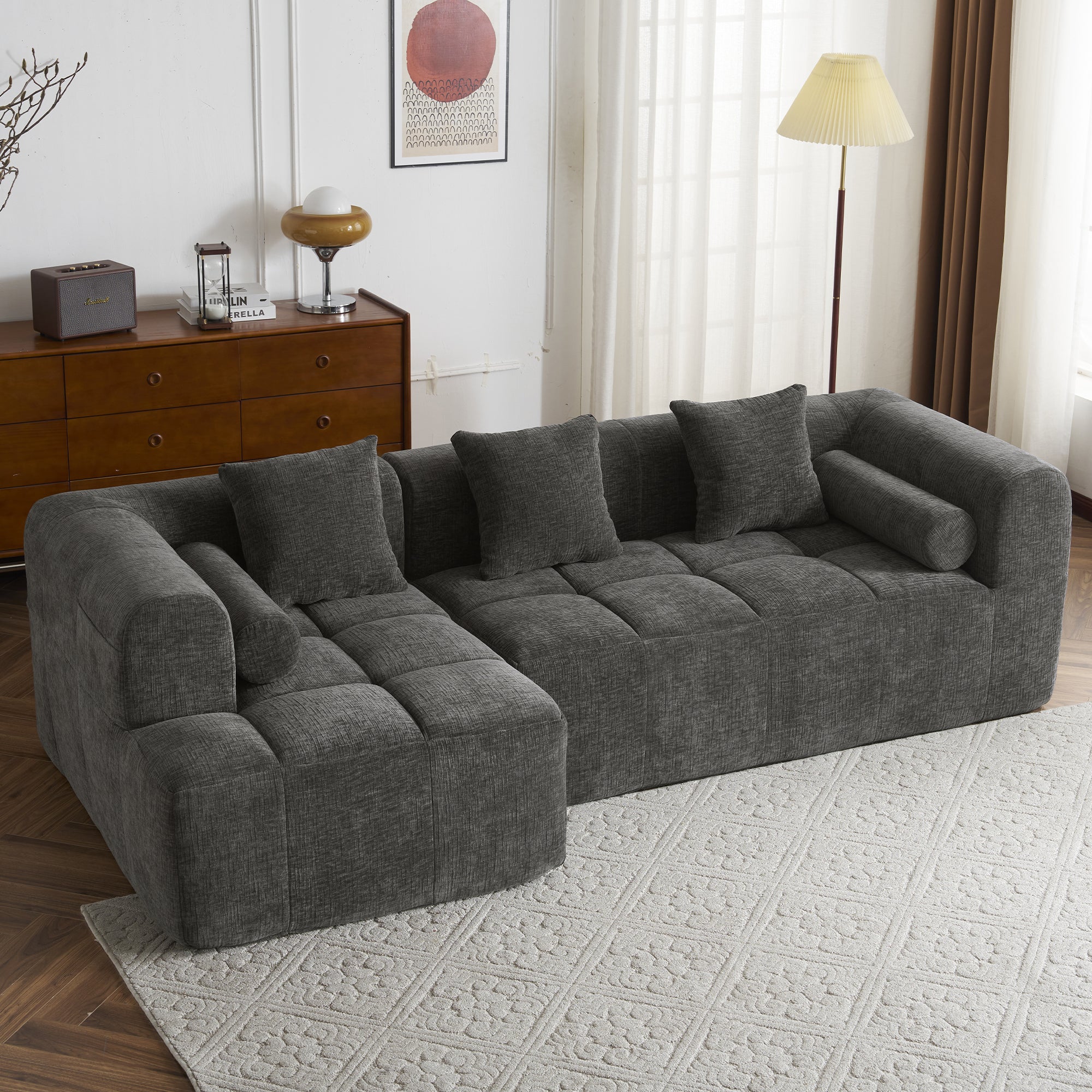 Haworth Grey Chenille 3-Seat Modular Tufted Sectional Sofa with Rolled Arms - MidinMod