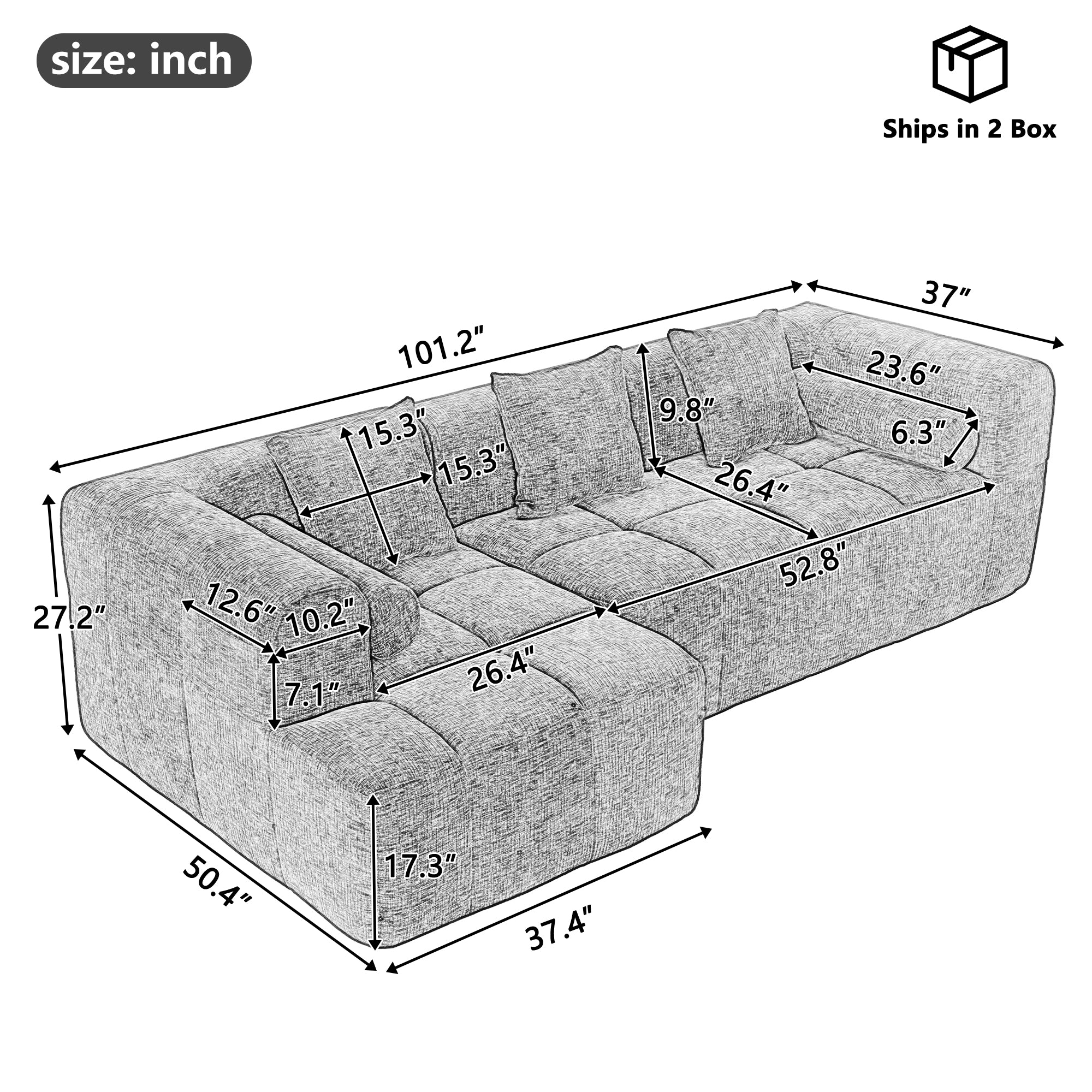 Haworth Grey Chenille 3-Seat Modular Tufted Sectional Sofa with Rolled Arms - MidinMod