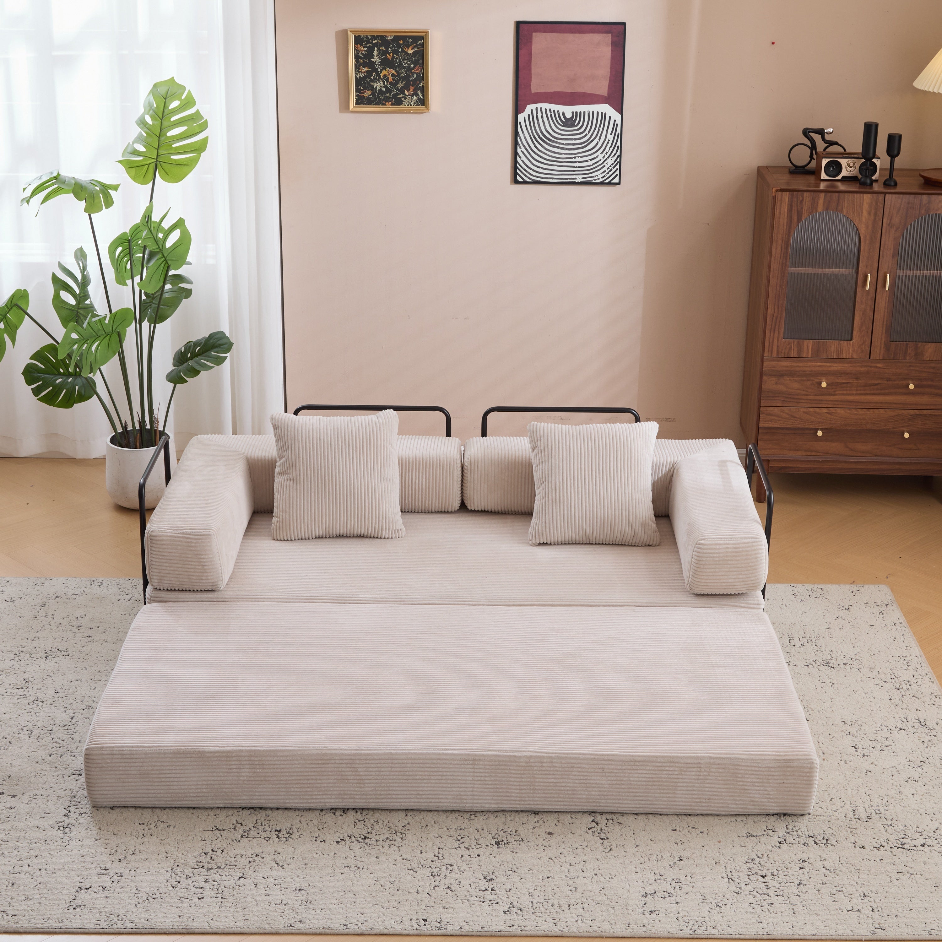 Herman Light Grey Corduroy 3-Seat Convertible Foldable Futon Sofa Bed - MidinMod