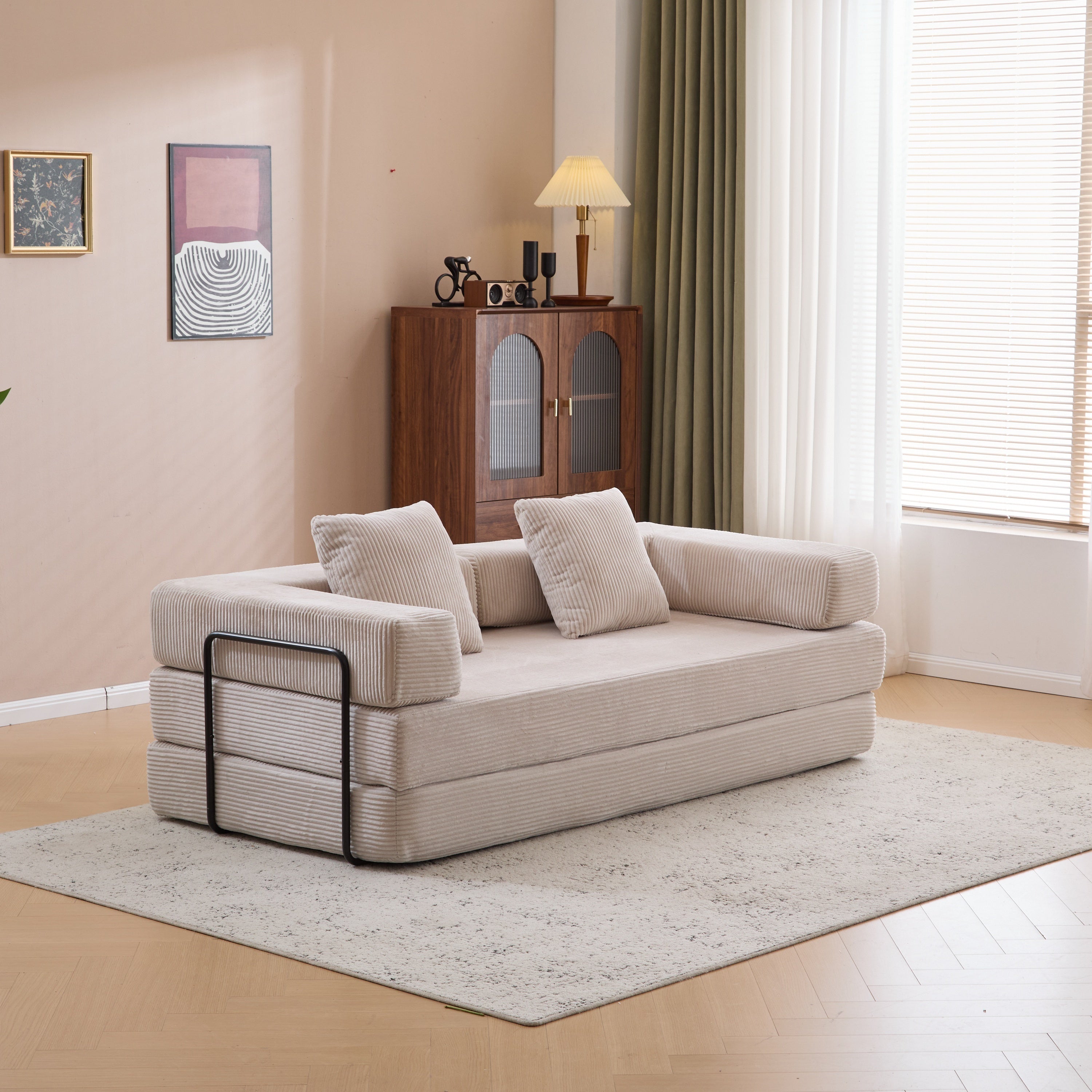 Herman Light Grey Corduroy 3-Seat Convertible Foldable Futon Sofa Bed - MidinMod
