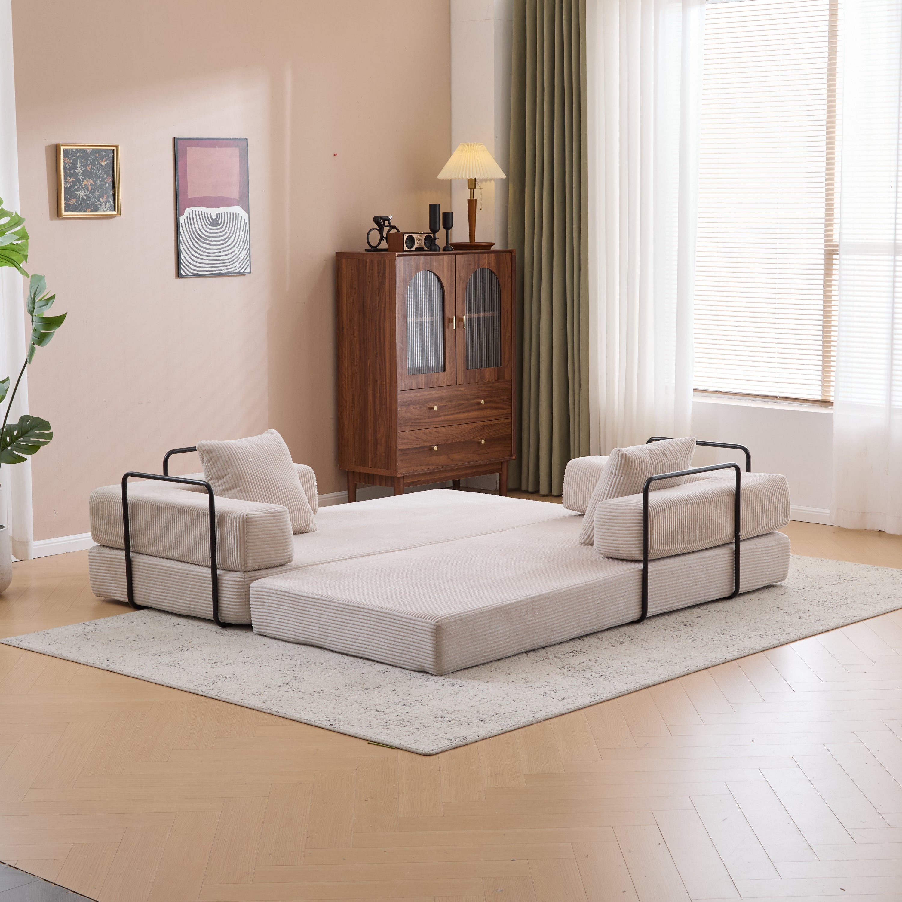 Herman Light Grey Corduroy 3-Seat Convertible Foldable Futon Sofa Bed - MidinMod