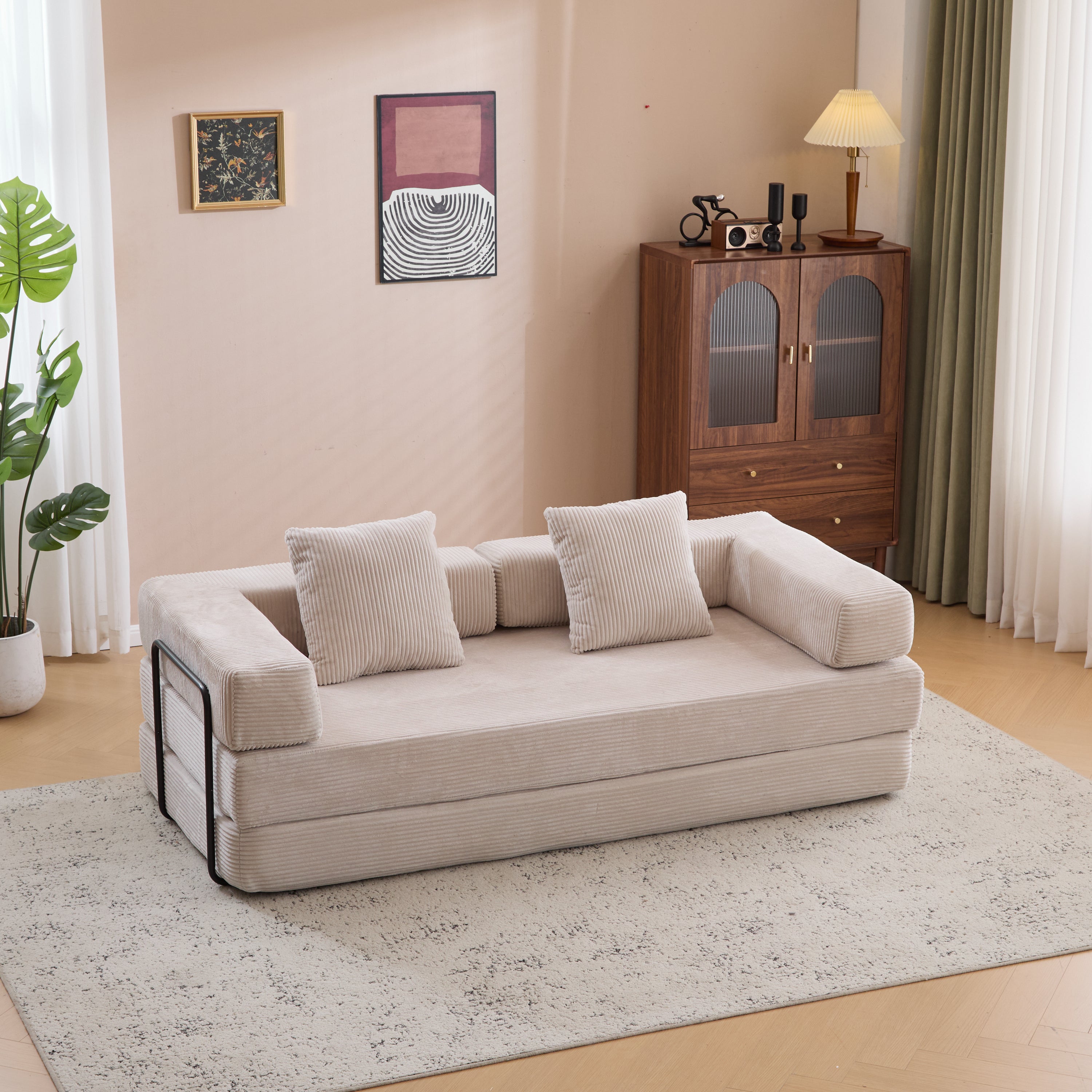 Herman Light Grey Corduroy 3-Seat Convertible Foldable Futon Sofa Bed - MidinMod