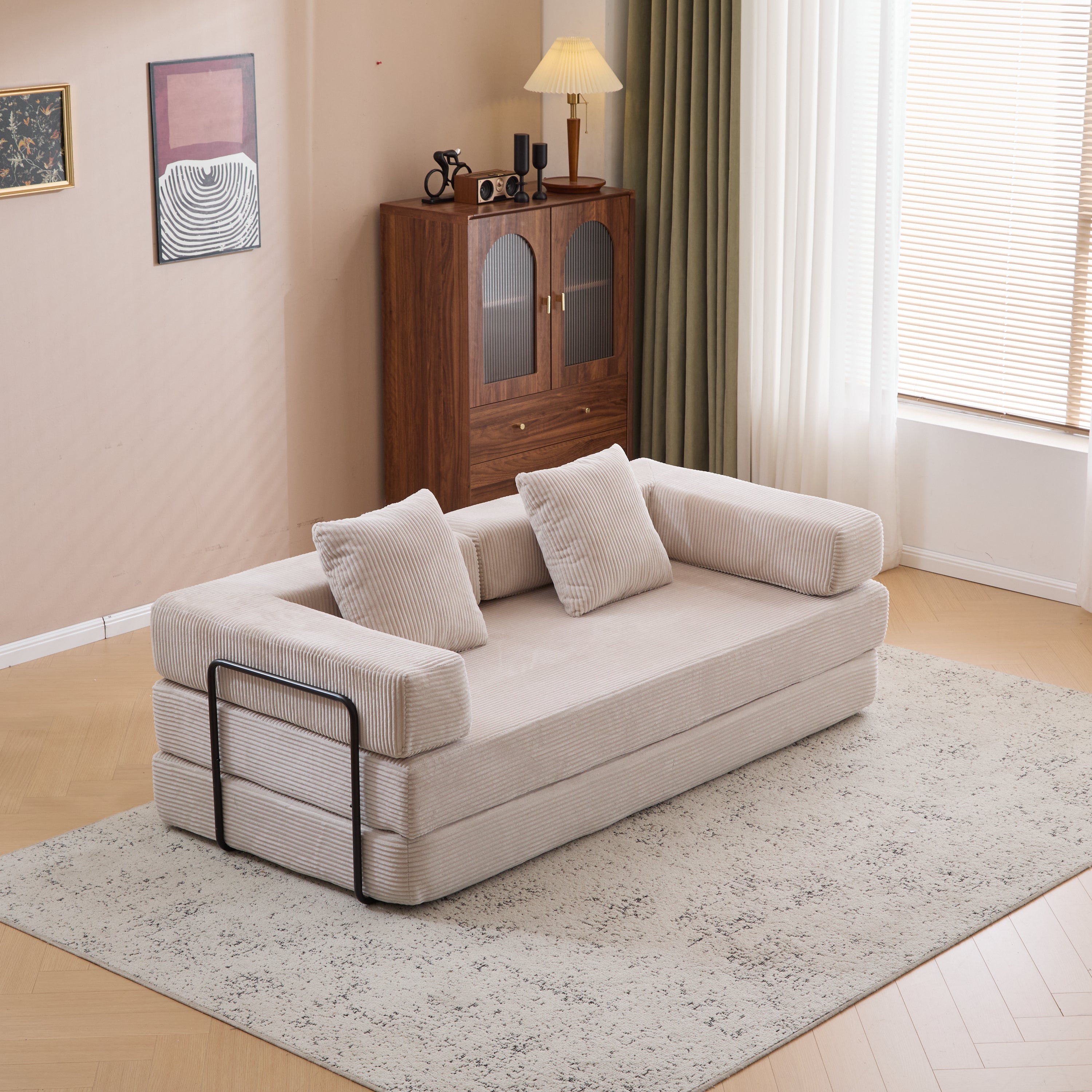 Herman Light Grey Corduroy 3-Seat Convertible Foldable Futon Sofa Bed - MidinMod