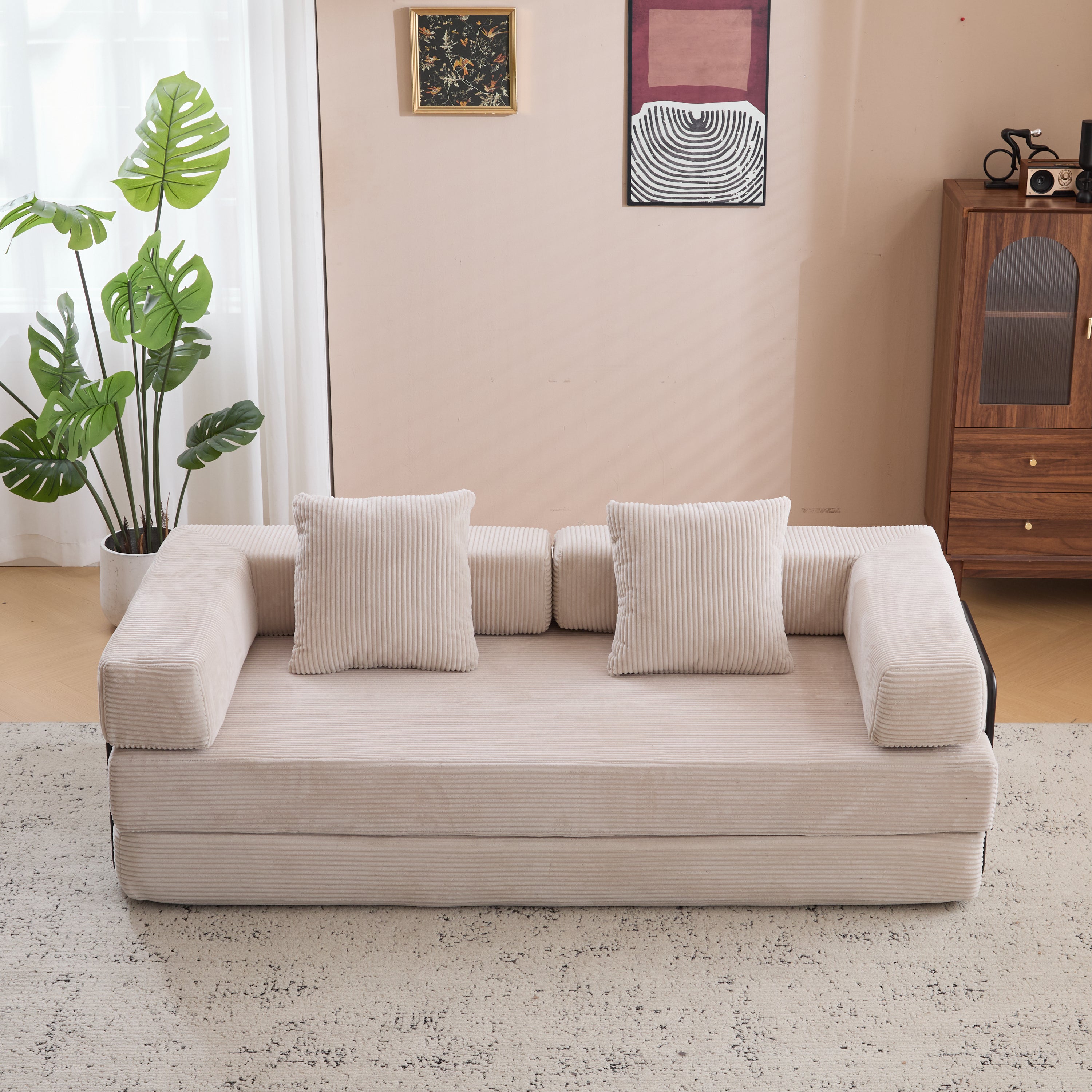 Herman Light Grey Corduroy 3-Seat Convertible Foldable Futon Sofa Bed - MidinMod