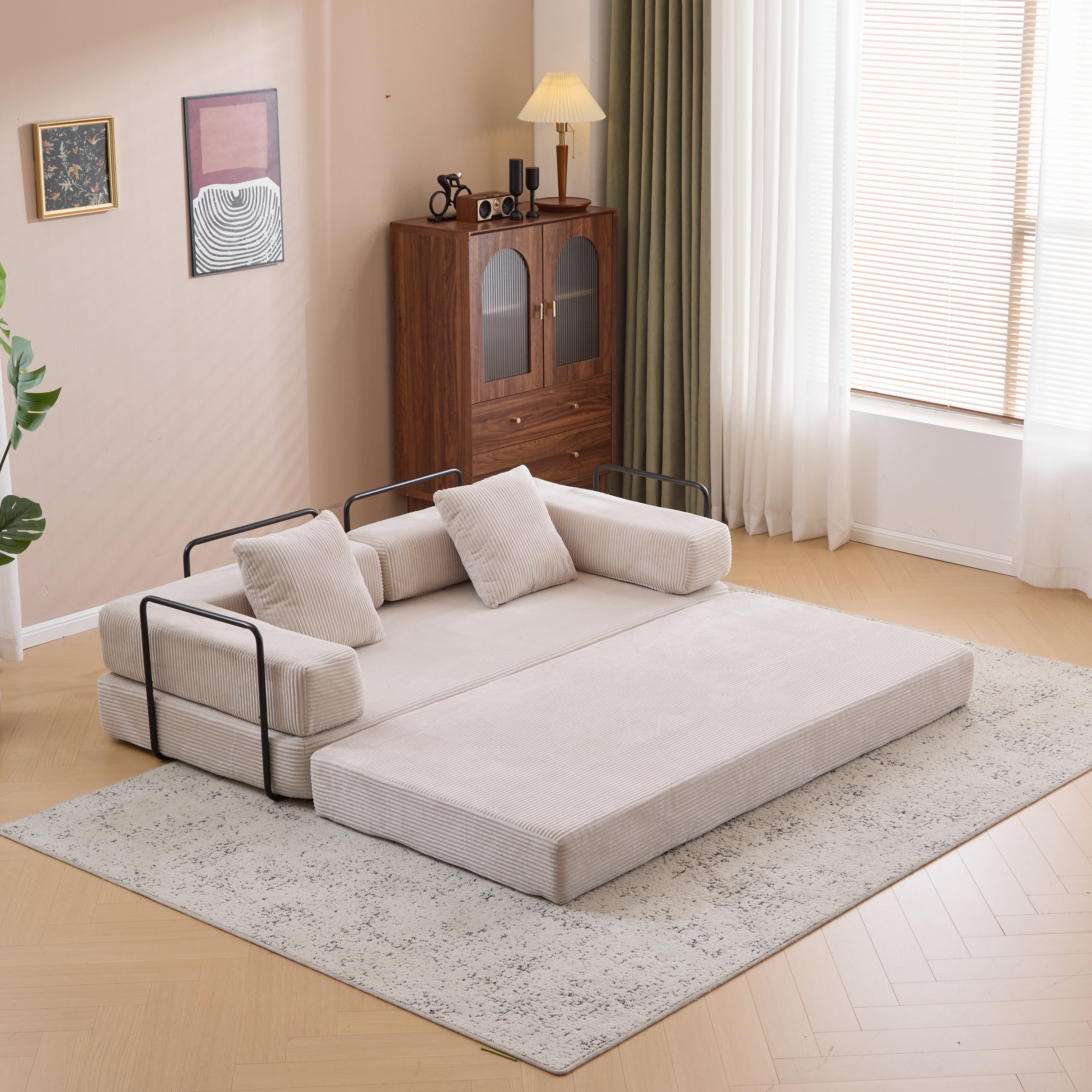 Herman Light Grey Corduroy 3-Seat Convertible Foldable Futon Sofa Bed - MidinMod