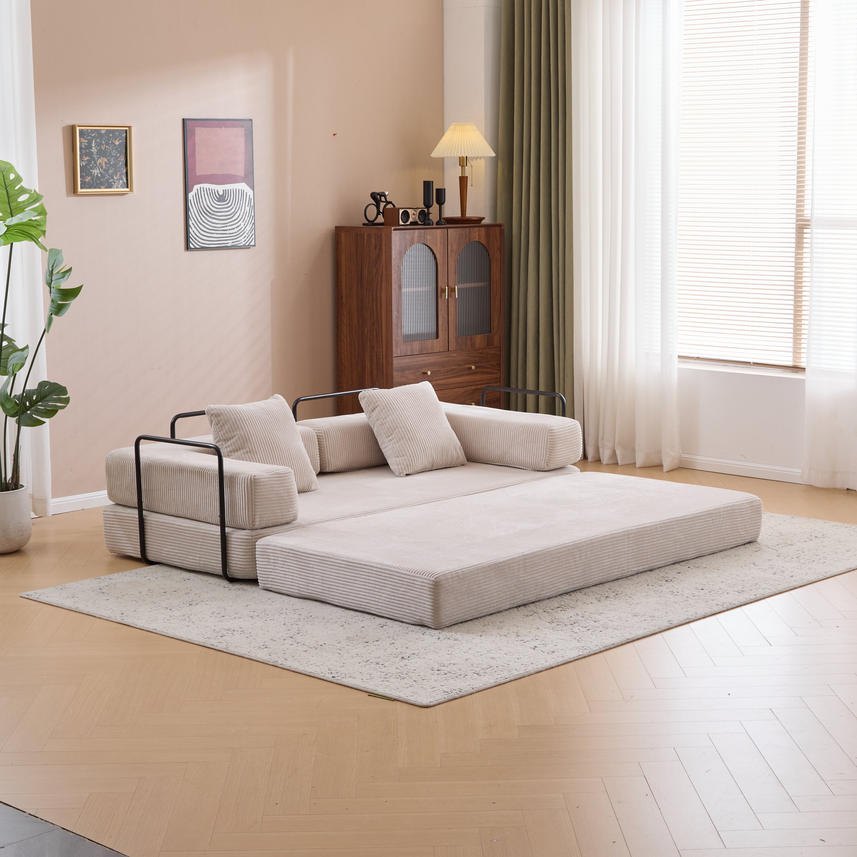Herman Light Grey Corduroy 3-Seat Convertible Foldable Futon Sofa Bed - MidinMod