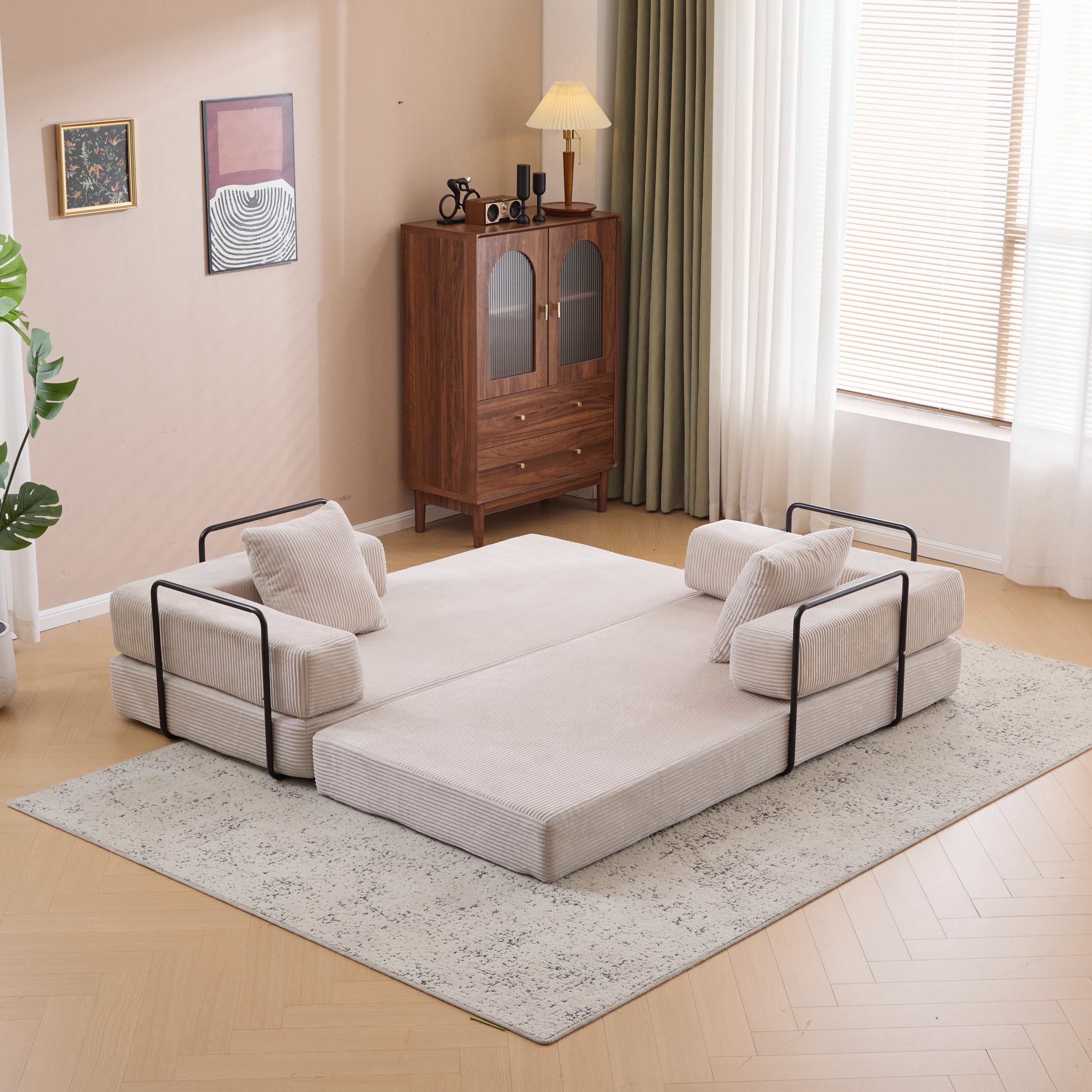 Herman Light Grey Corduroy 3-Seat Convertible Foldable Futon Sofa Bed - MidinMod