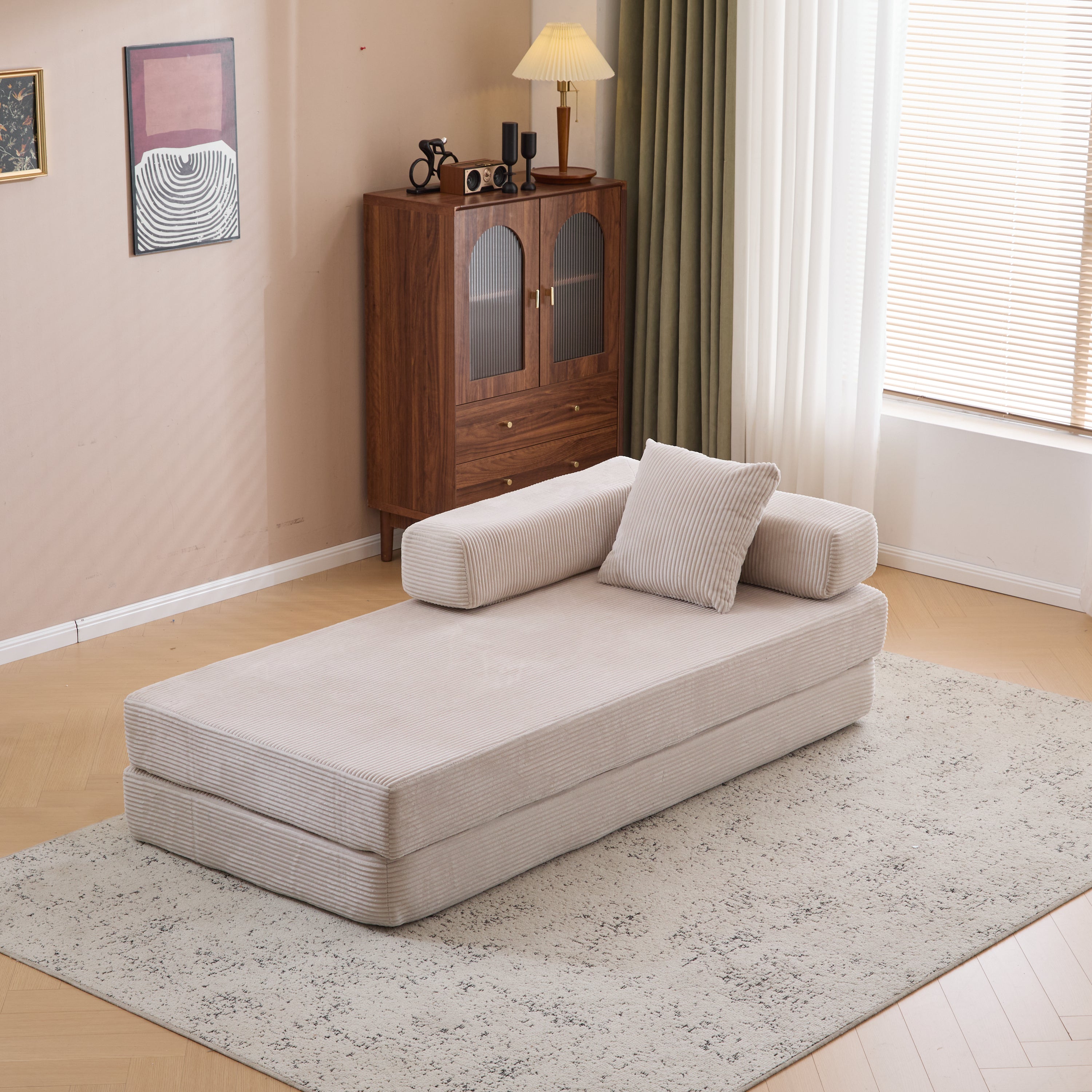 Herman Light Grey Corduroy 3-Seat Convertible Foldable Futon Sofa Bed - MidinMod
