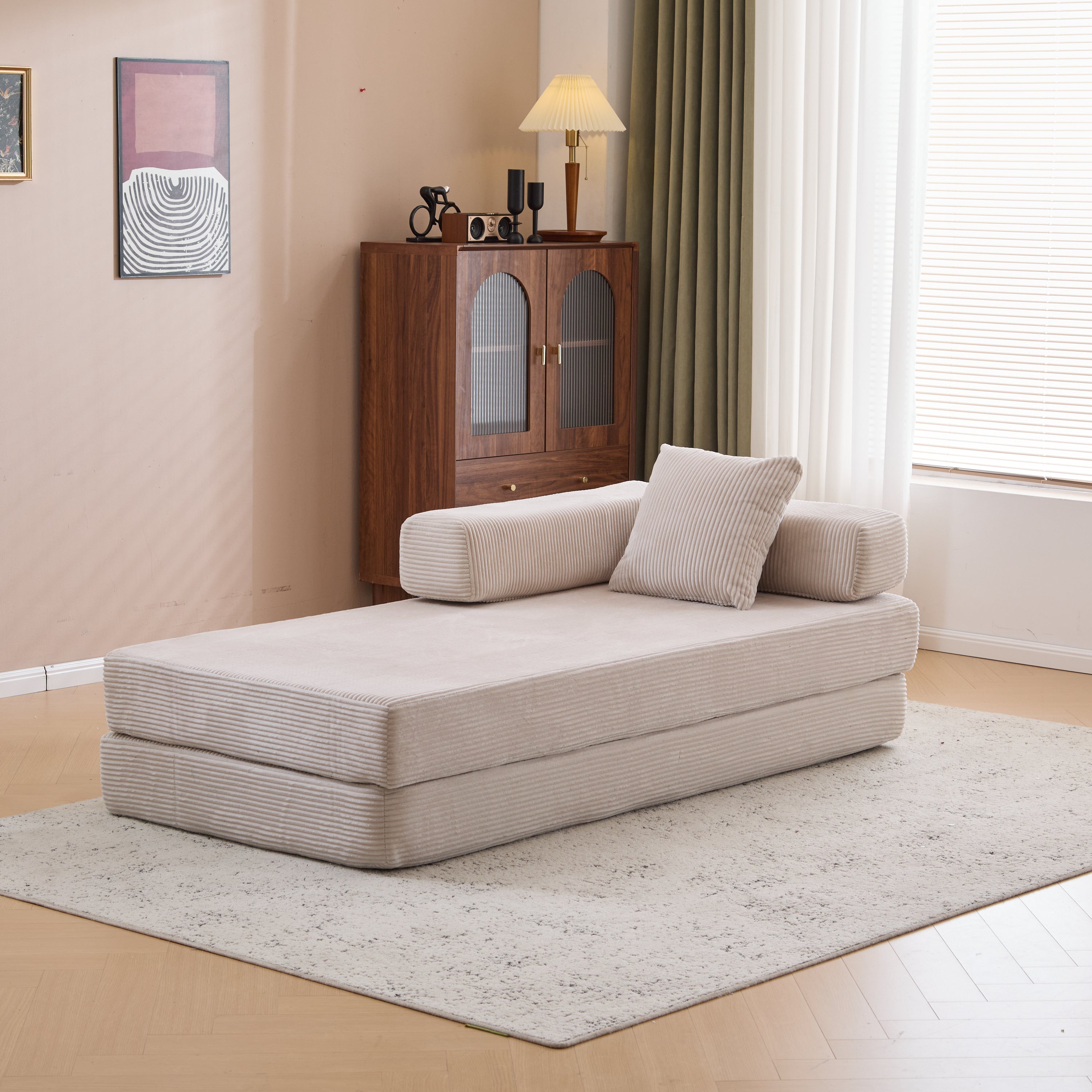 Herman Light Grey Corduroy 3-Seat Convertible Foldable Futon Sofa Bed - MidinMod