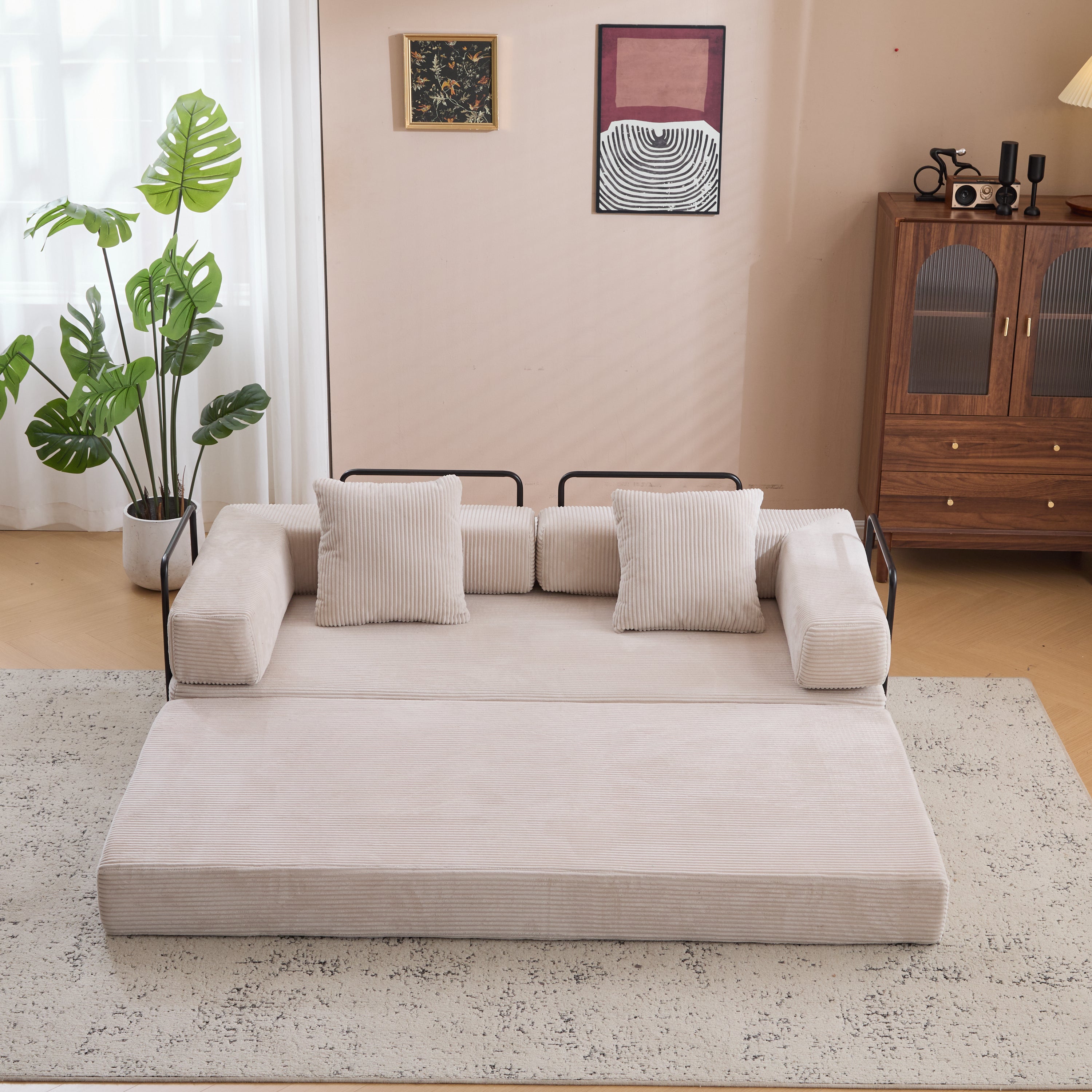 Herman Light Grey Corduroy 3-Seat Convertible Foldable Futon Sofa Bed - MidinMod