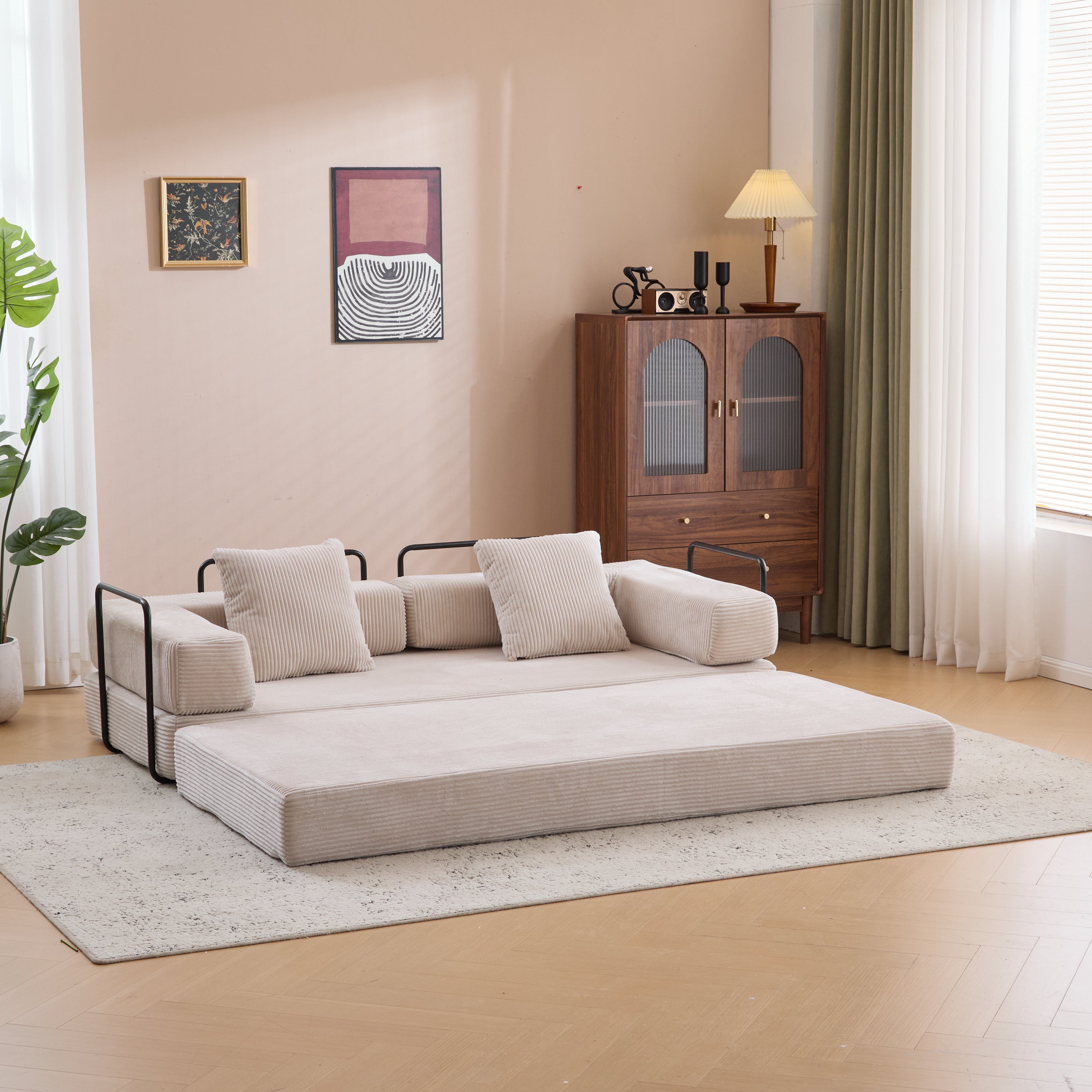 Herman Light Grey Corduroy 3-Seat Convertible Foldable Futon Sofa Bed - MidinMod