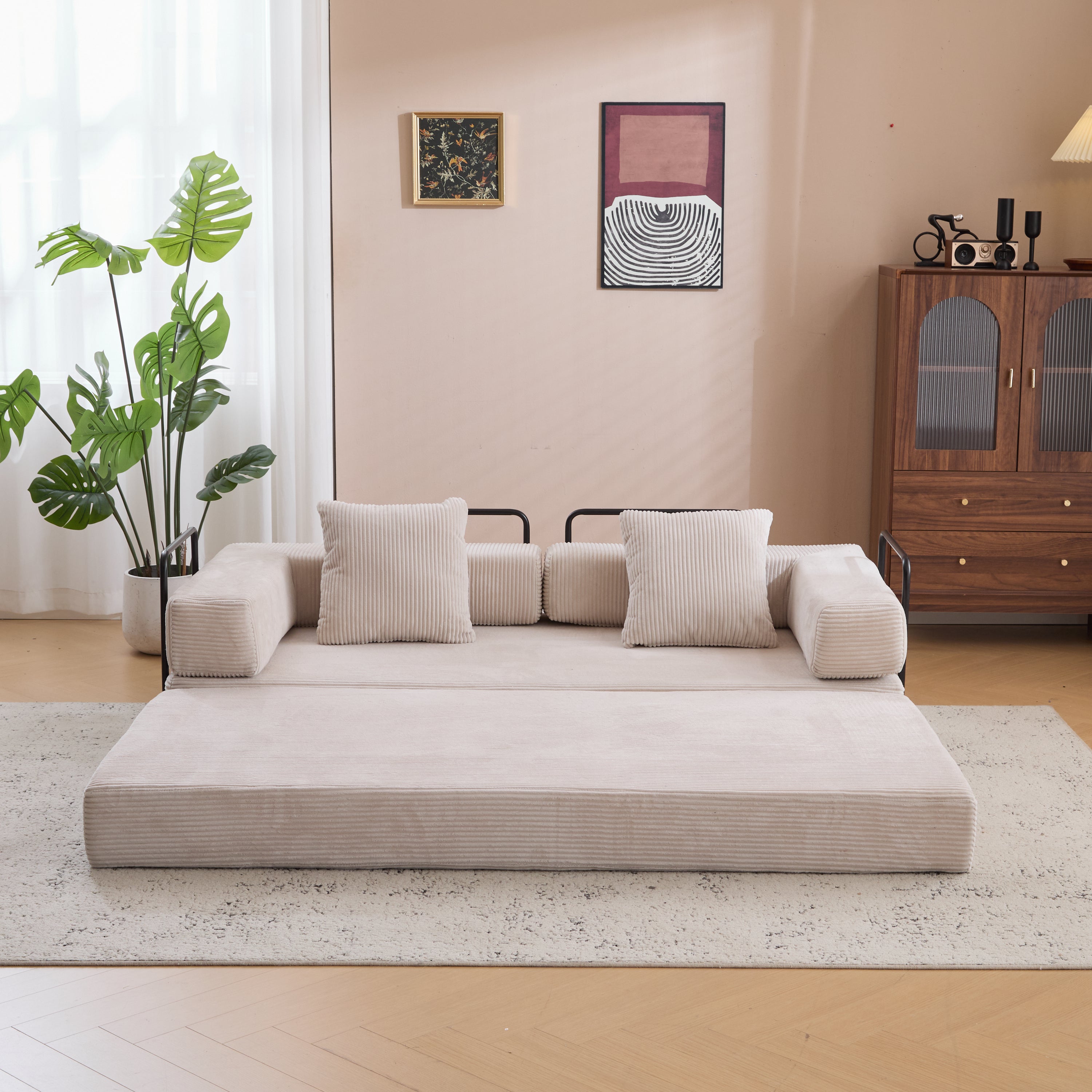 Herman Light Grey Corduroy 3-Seat Convertible Foldable Futon Sofa Bed - MidinMod