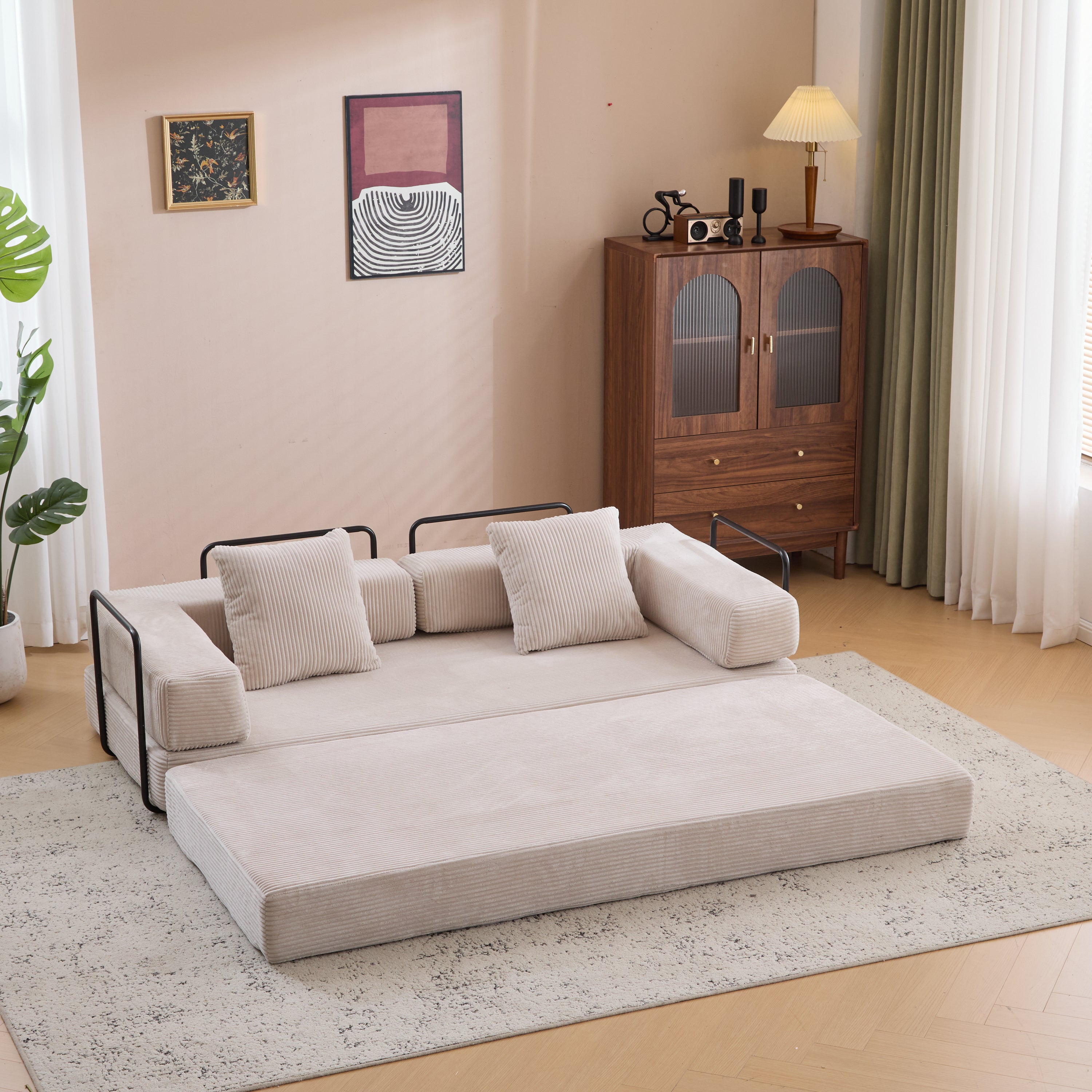 Herman Light Grey Corduroy 3-Seat Convertible Foldable Futon Sofa Bed - MidinMod