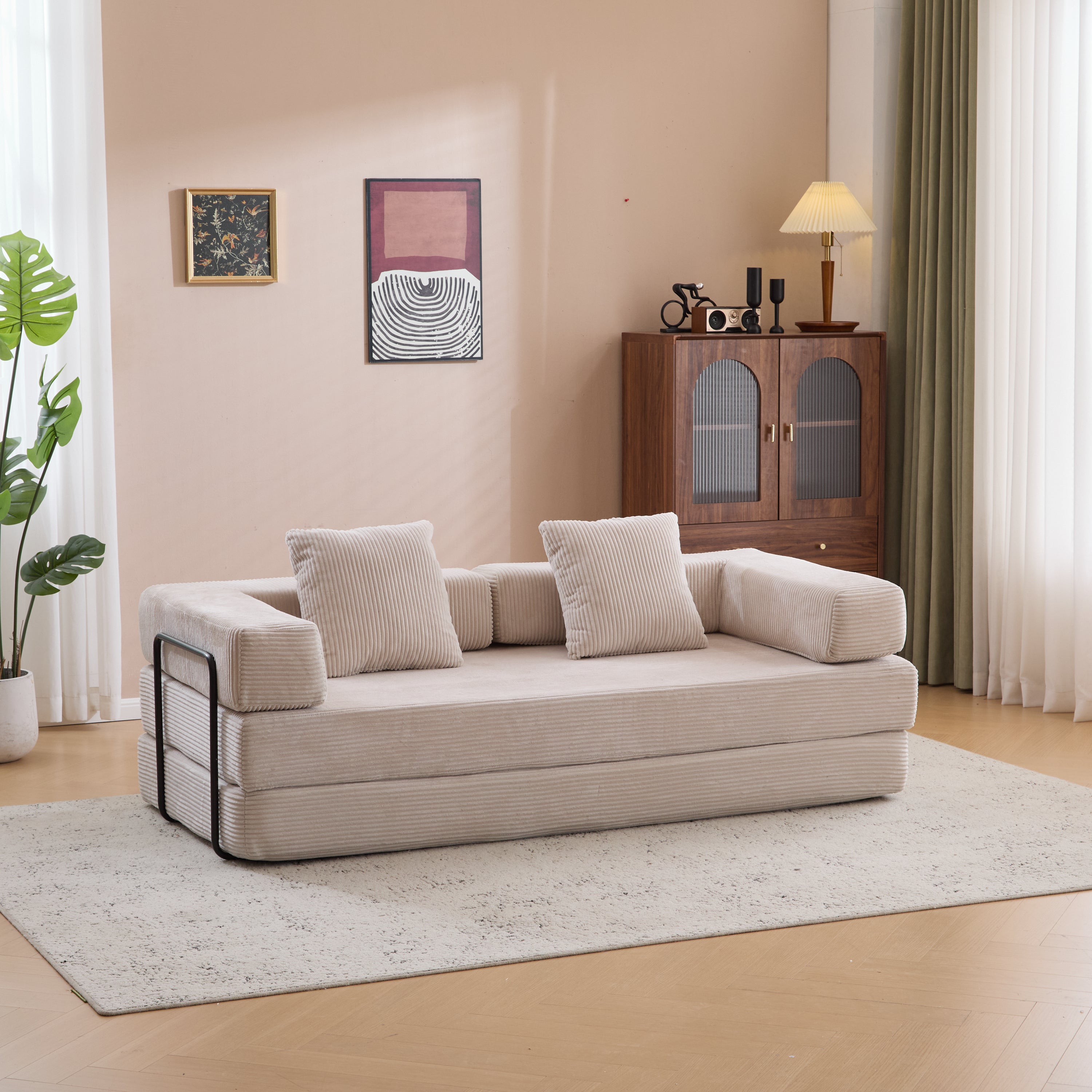 Herman Light Grey Corduroy 3-Seat Convertible Foldable Futon Sofa Bed - MidinMod