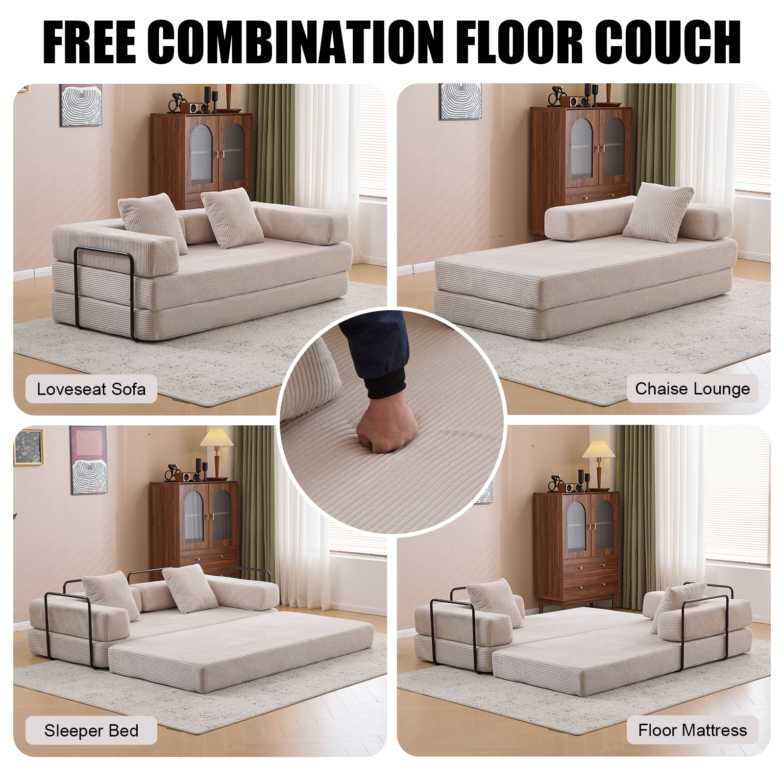 Herman Light Grey Corduroy 3-Seat Convertible Foldable Futon Sofa Bed - MidinMod