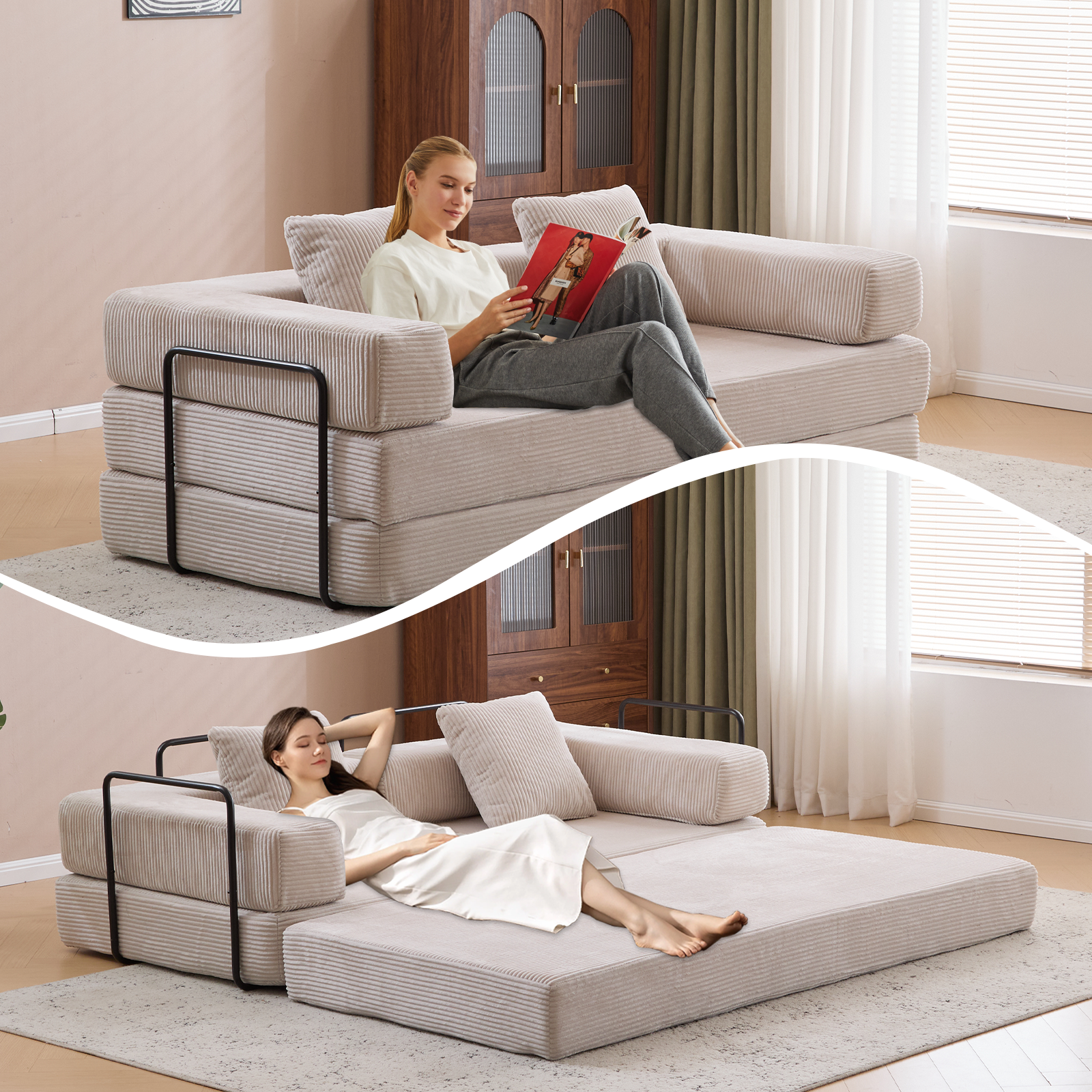 Herman Light Grey Corduroy 3-Seat Convertible Foldable Futon Sofa Bed - MidinMod