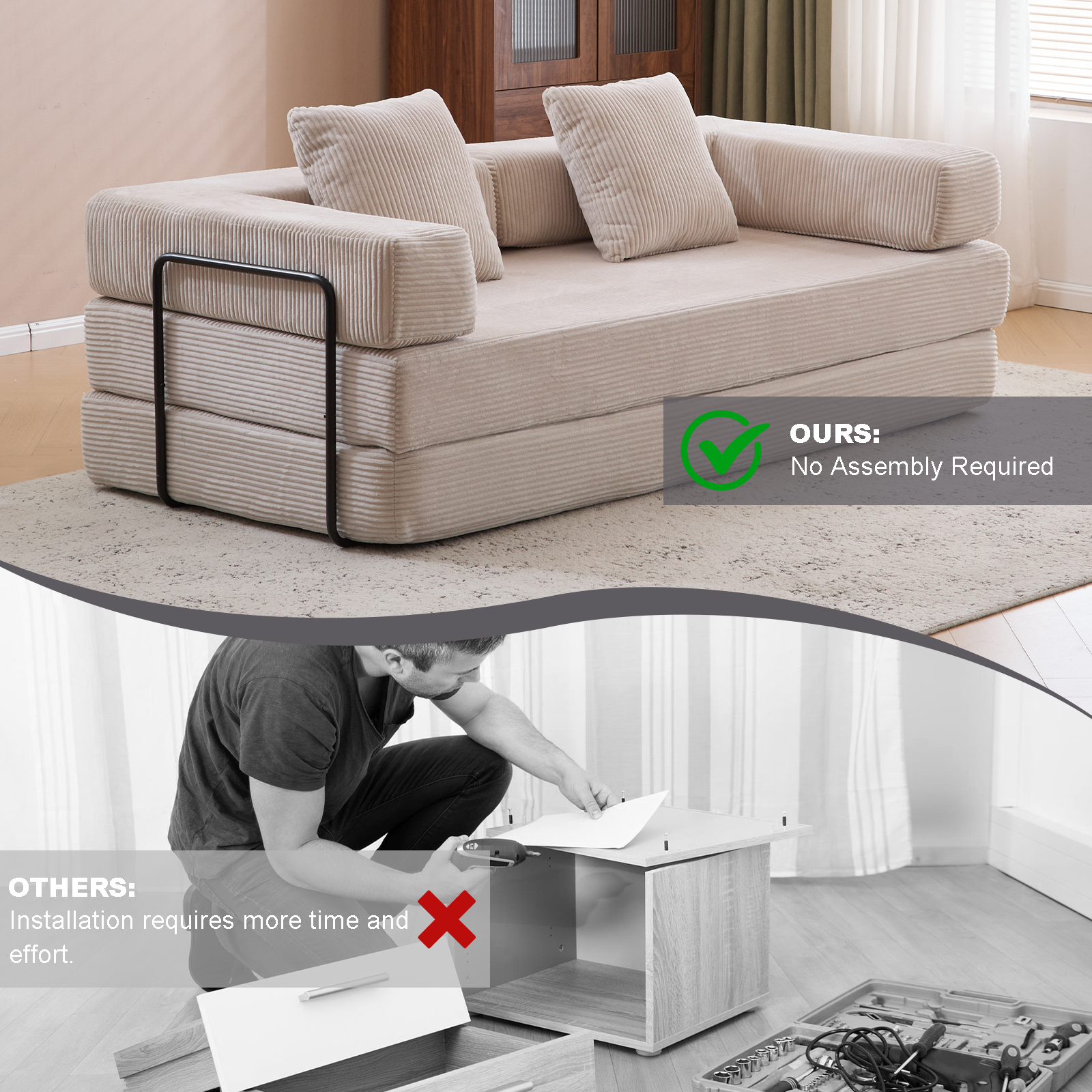 Herman Light Grey Corduroy 3-Seat Convertible Foldable Futon Sofa Bed - MidinMod