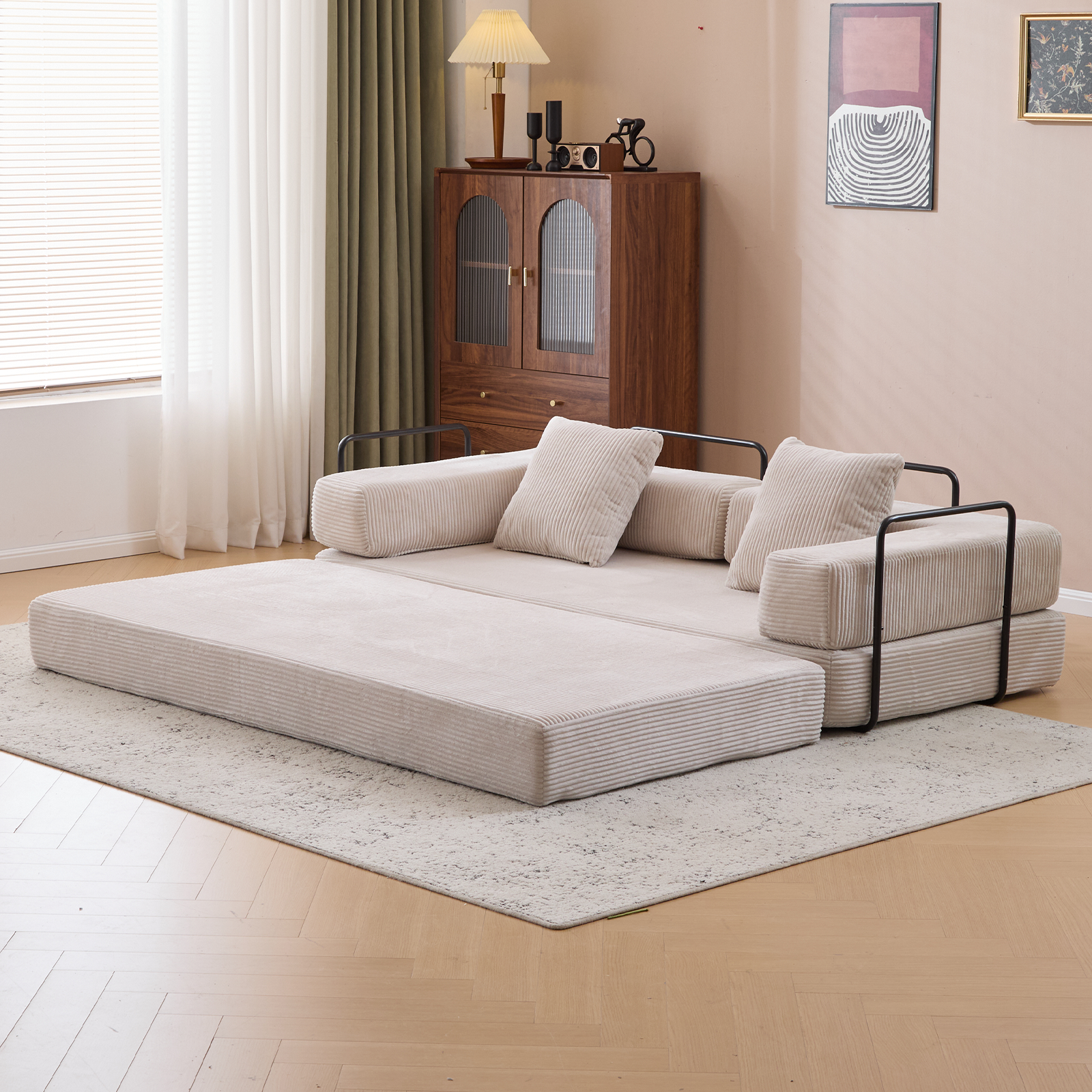 Herman Light Grey Corduroy 3-Seat Convertible Foldable Futon Sofa Bed - MidinMod