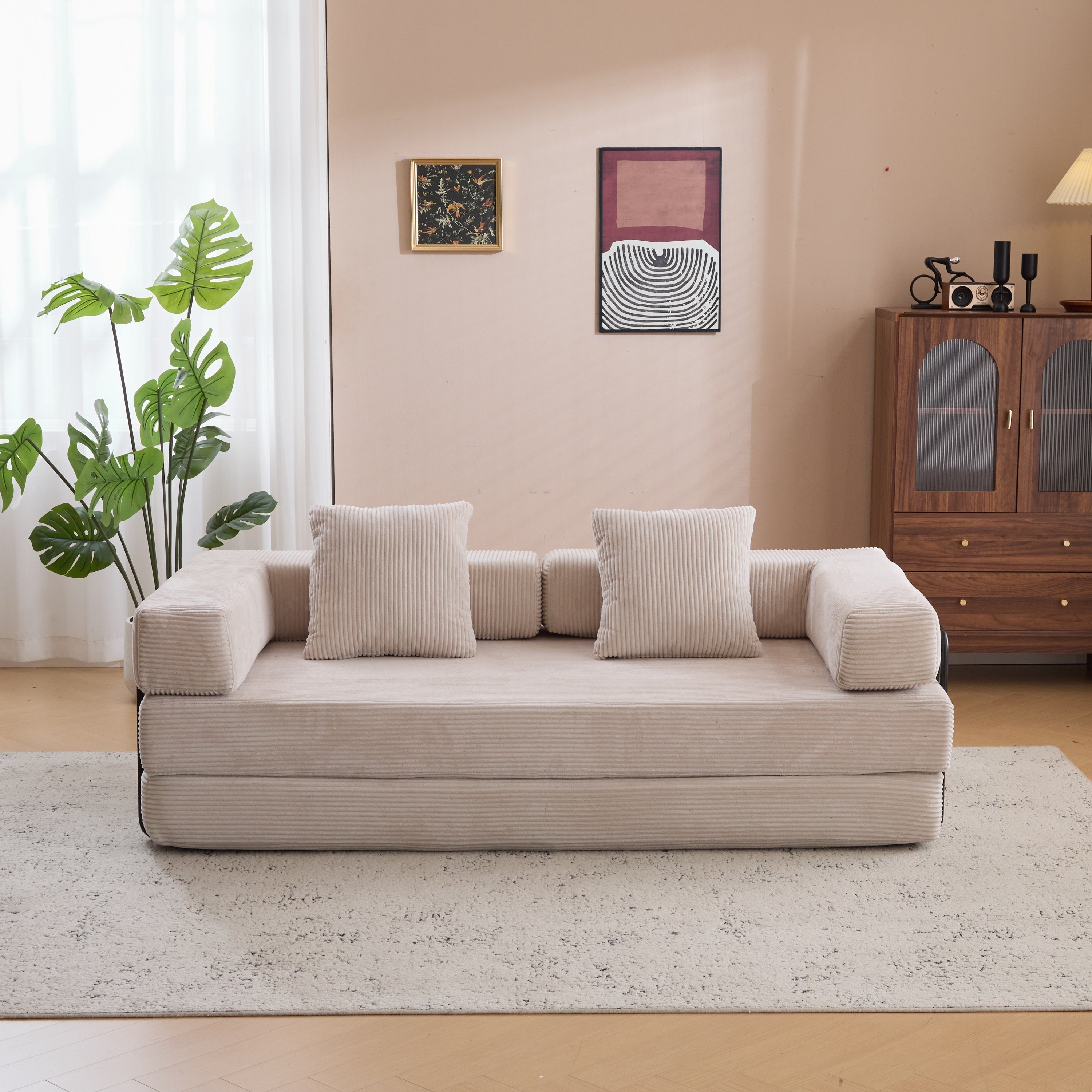 Herman Light Grey Corduroy 3-Seat Convertible Foldable Futon Sofa Bed - MidinMod