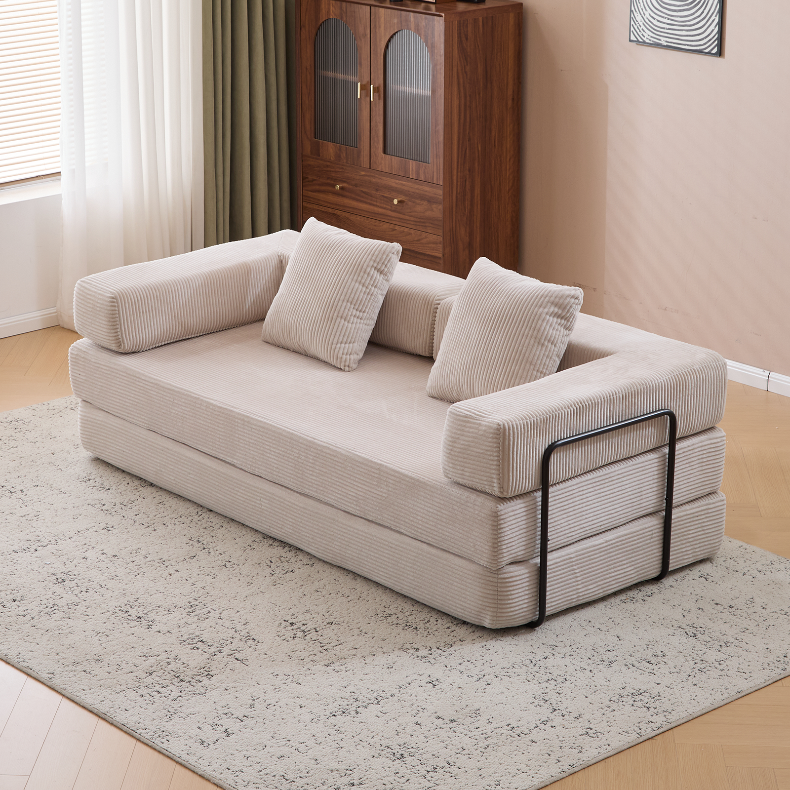 Herman Light Grey Corduroy 3-Seat Convertible Foldable Futon Sofa Bed - MidinMod