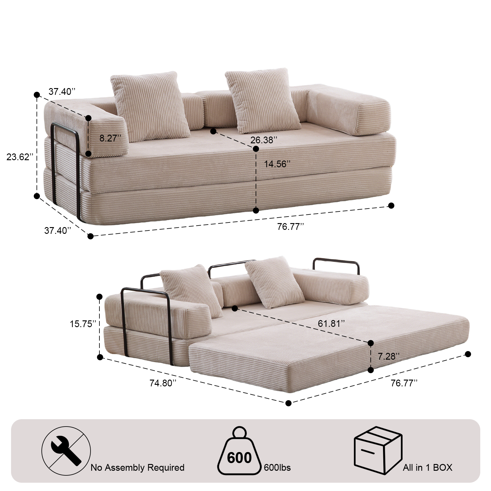Herman Light Grey Corduroy 3-Seat Convertible Foldable Futon Sofa Bed - MidinMod
