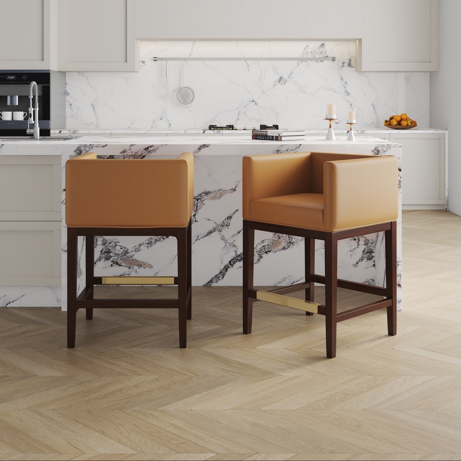 Kingsley Camel Counter Stool | Modern Leather Upholstered Seating with Backrest | MidinMod