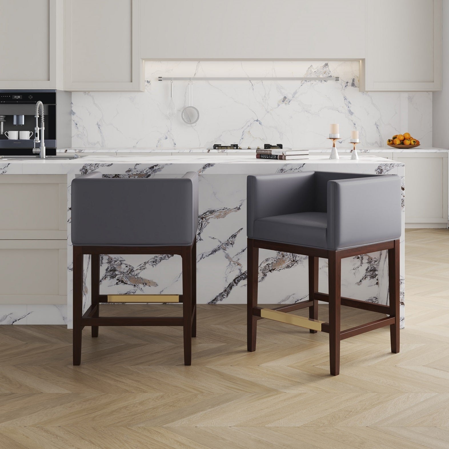 Kingsley Gray Counter Stool | Modern Leather Upholstered Seating with Backrest MidinMod