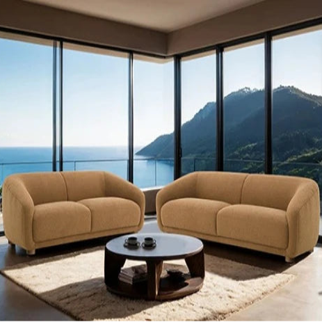 Kolvere Contemporary Brown Boucle Sofa with Solid Wood Round Legs