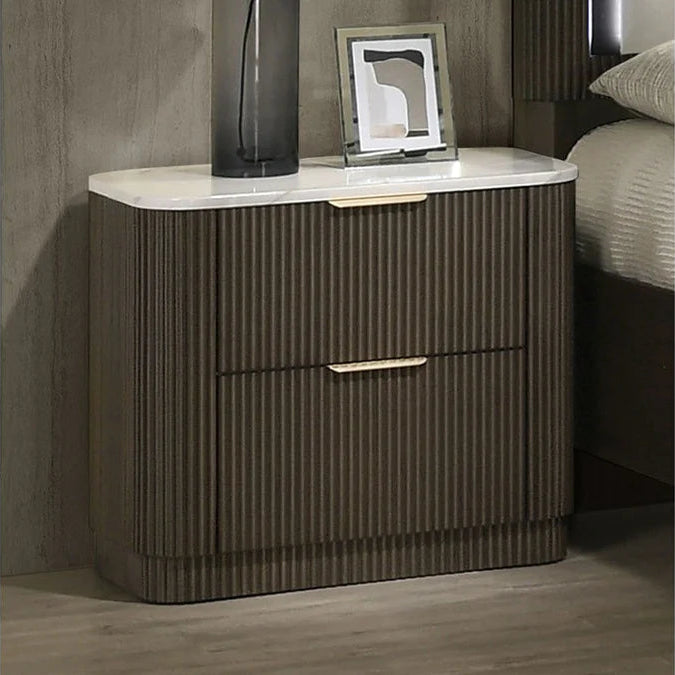 Lantrisant Dark Walnut Nightstand | Contemporary Bedside Table with Artificial Marble Top | MidinMod