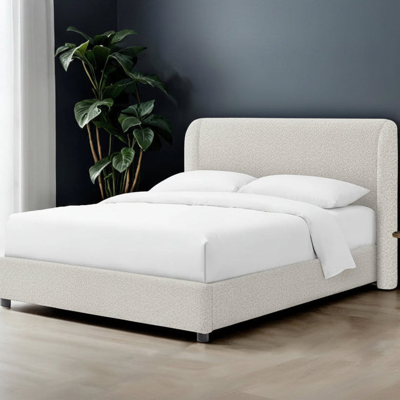 Laverni White Eastern King Bed | Contemporary Boucle Shelter Headboard Bed | MidinMod