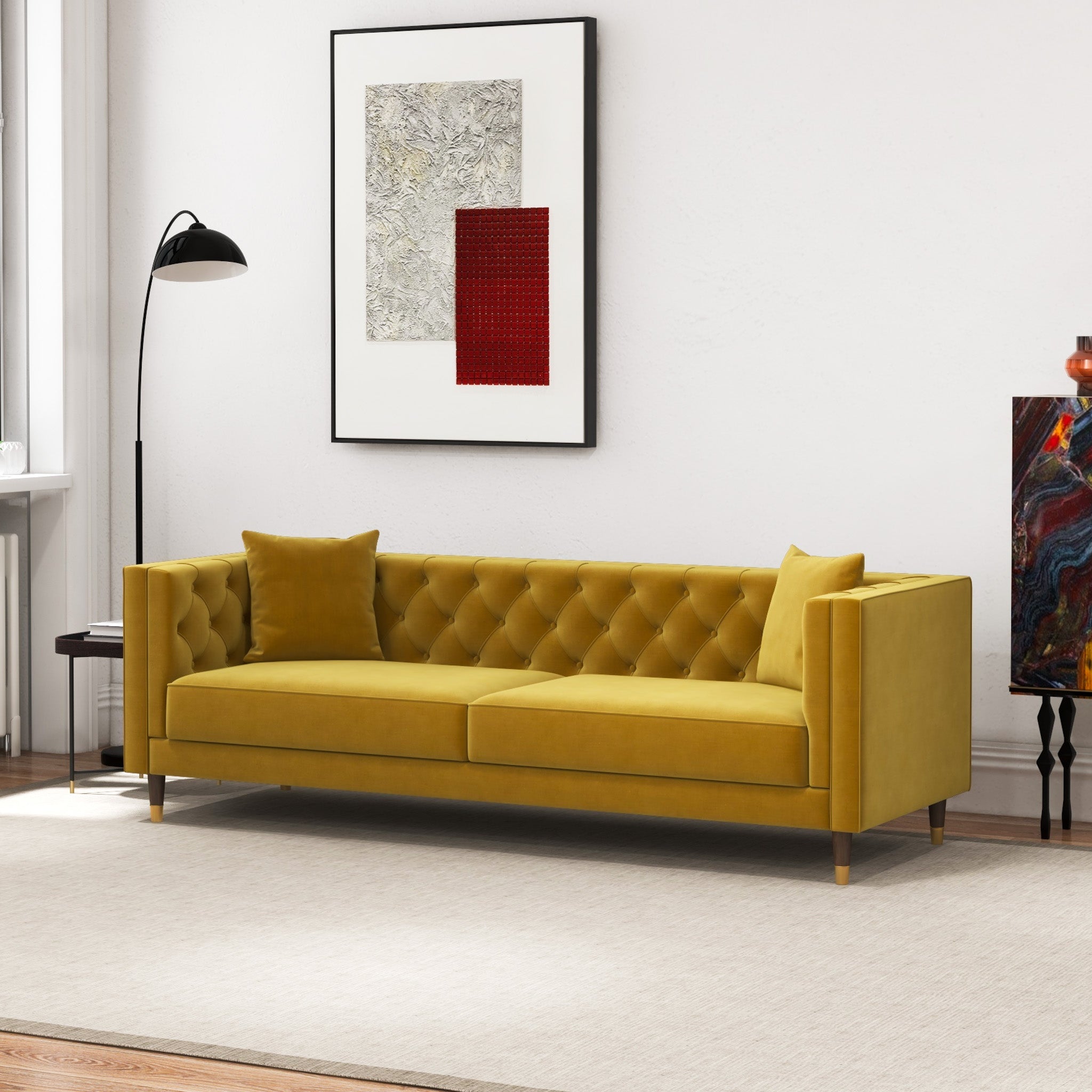 Lewis Yellow Mustard Velvet Sofa - MidinMod