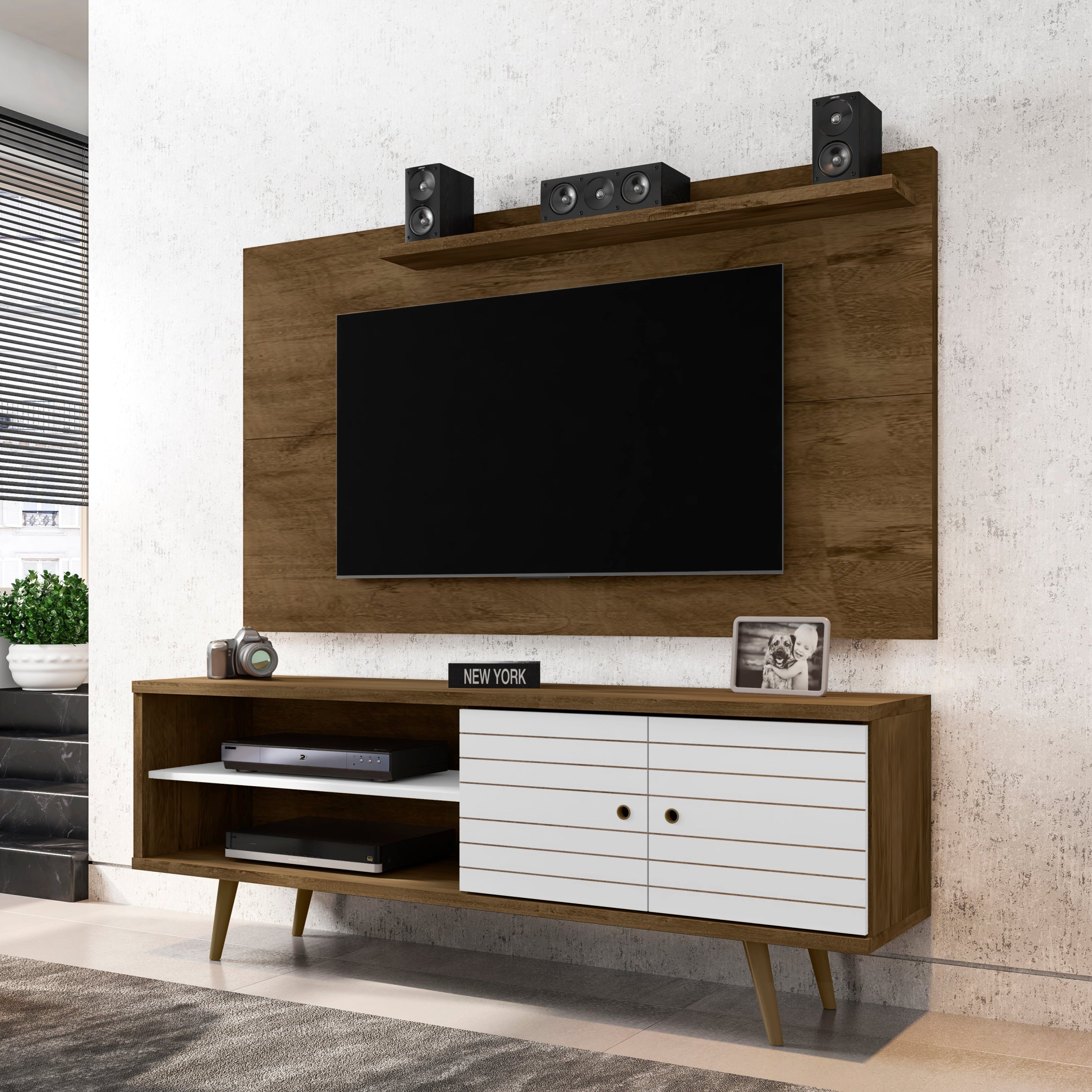 Liberty 62.99" Mid-Century TV Stand | Rustic Brown & White Modern Media Console | MidinMod