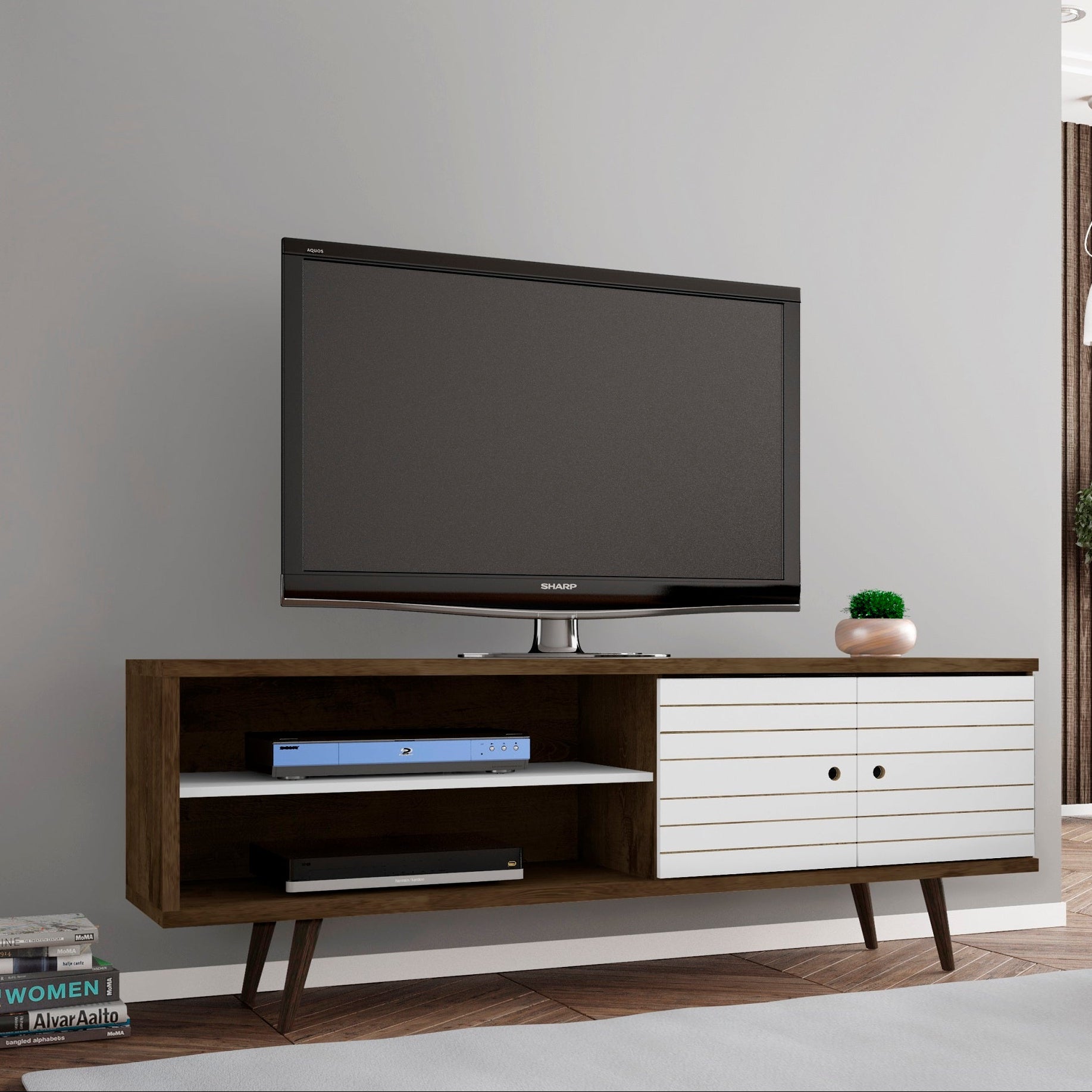 Liberty 62.99" Mid-Century TV Stand | Rustic Brown & White Modern Media Console | MidinMod