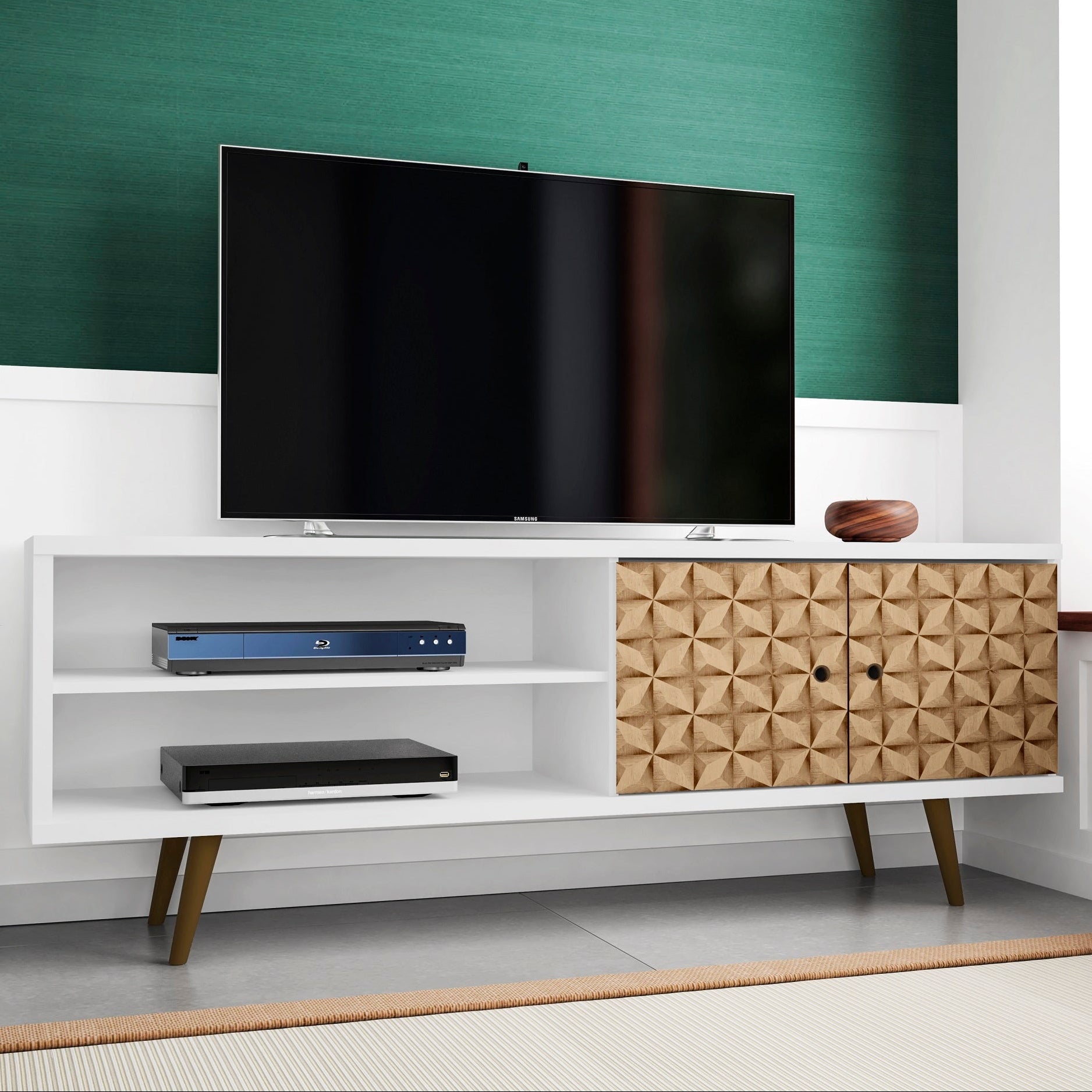 Liberty 62.99" Mid-Century Modern TV Stand in White & 3D Brown Prints | MidinMod