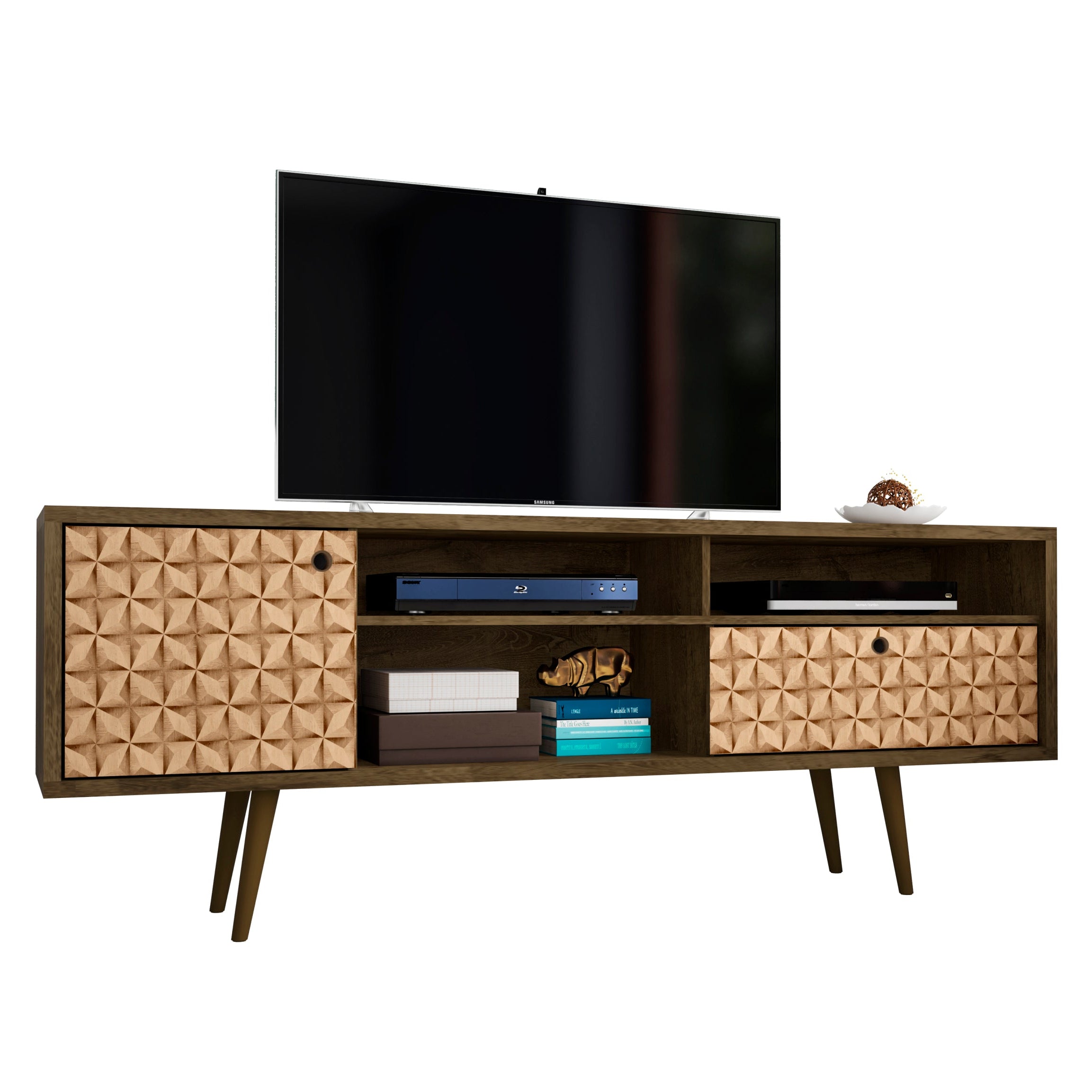 Liberty 70.86" Mid-Century Modern TV Stand in Rustic Brown and 3D Brown Prints