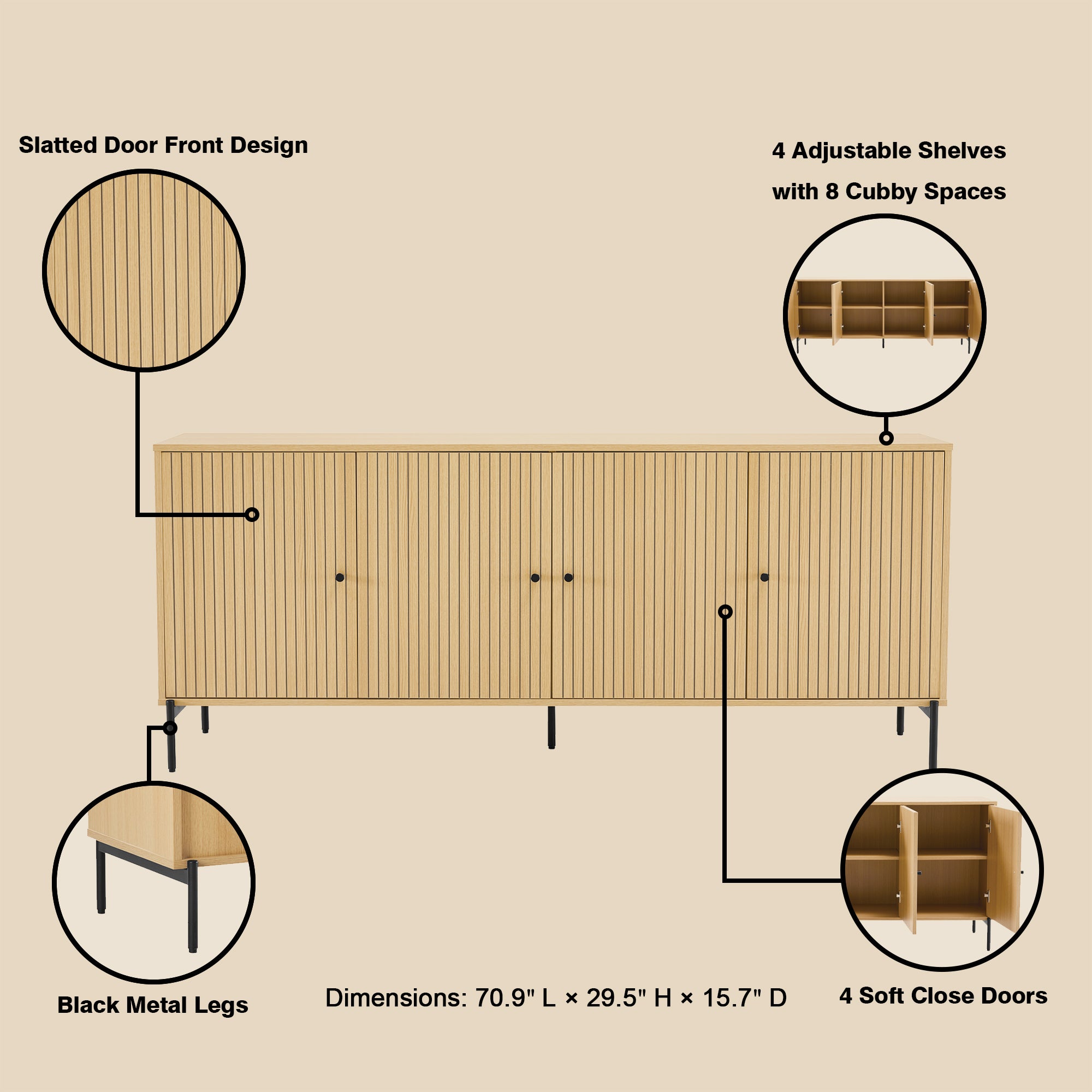 Magnolia 71" Sideboard in Natural Oak | Modern Solid Wood Dining Room Buffet | MidinMod