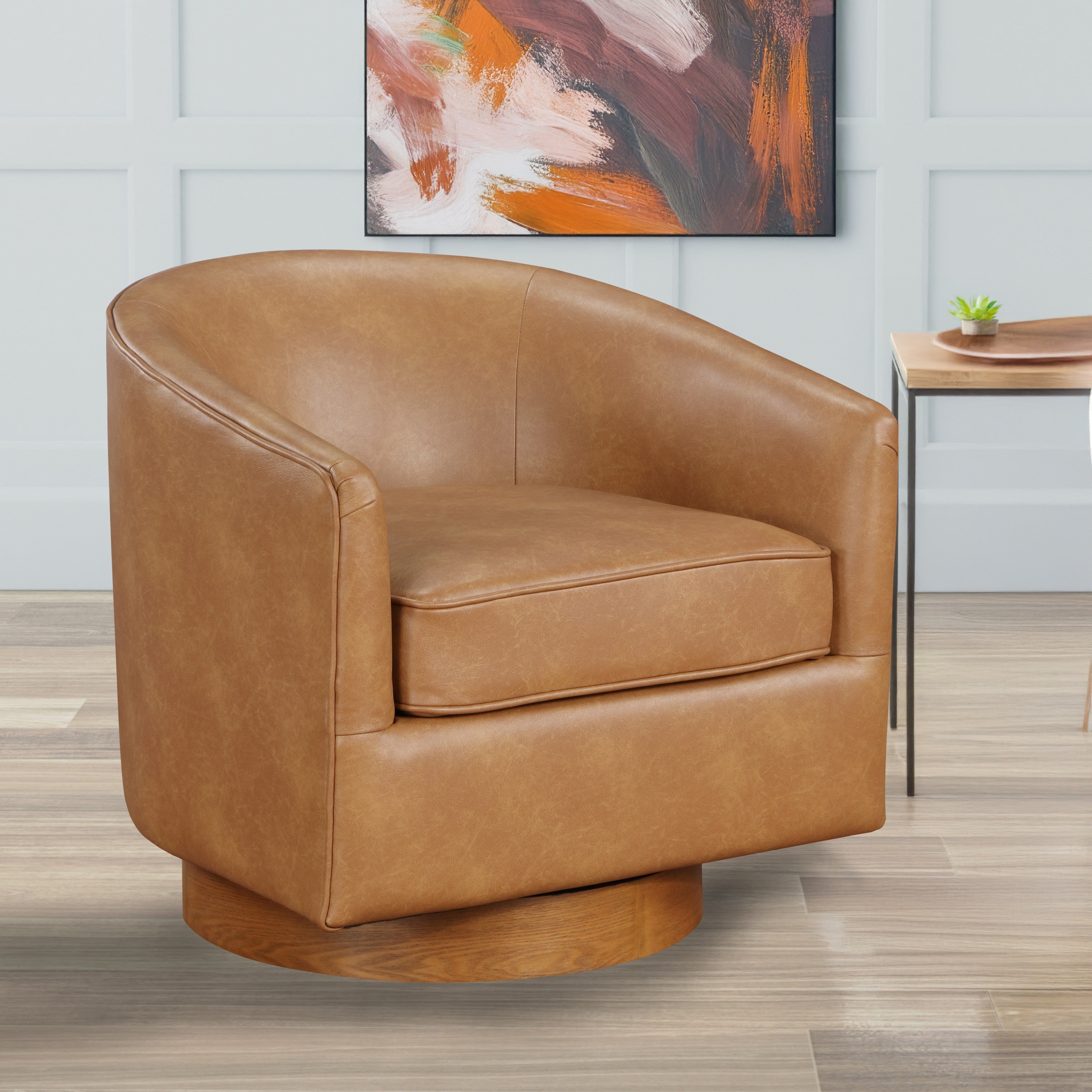 Maisy Saddle Faux Leather Wood Base Barrel Swivel Chair - MidinMod