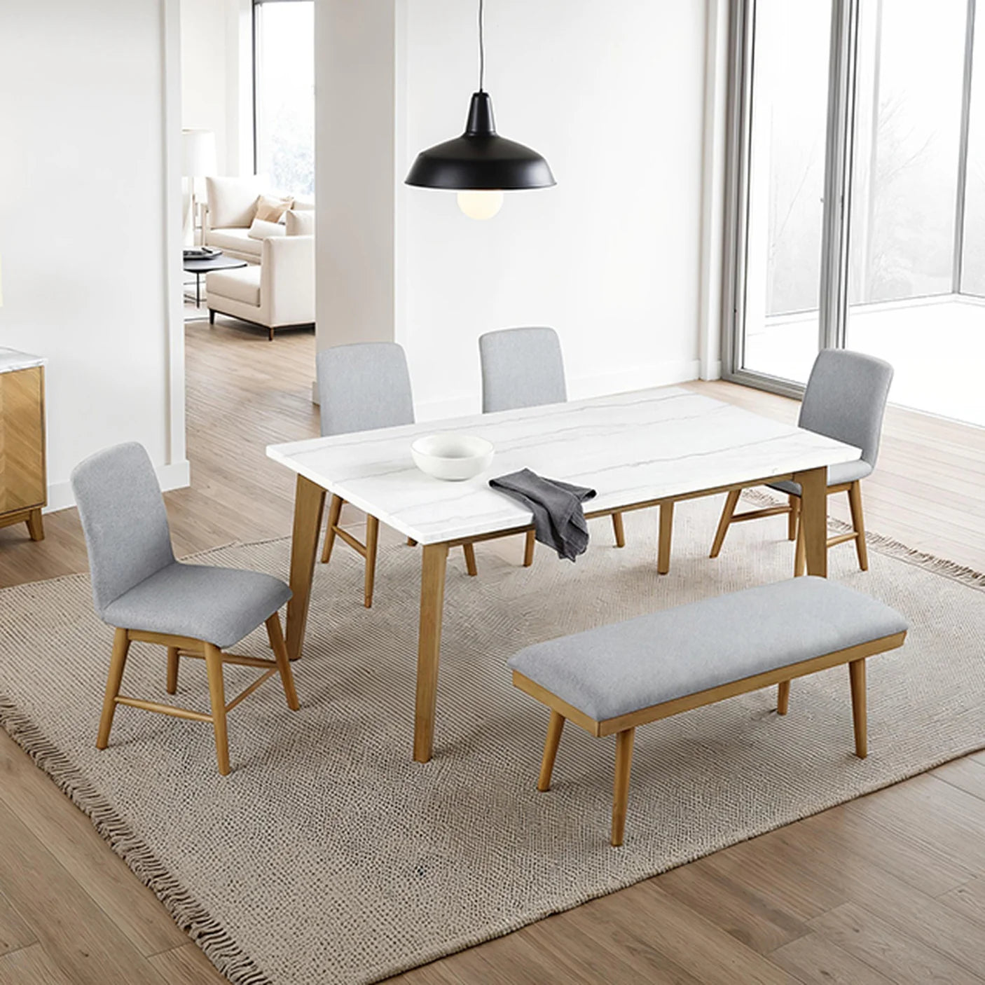 Mandier Natural Rectangular Dining Table | Genuine Marble Top Table with Storage Base | MidinMod