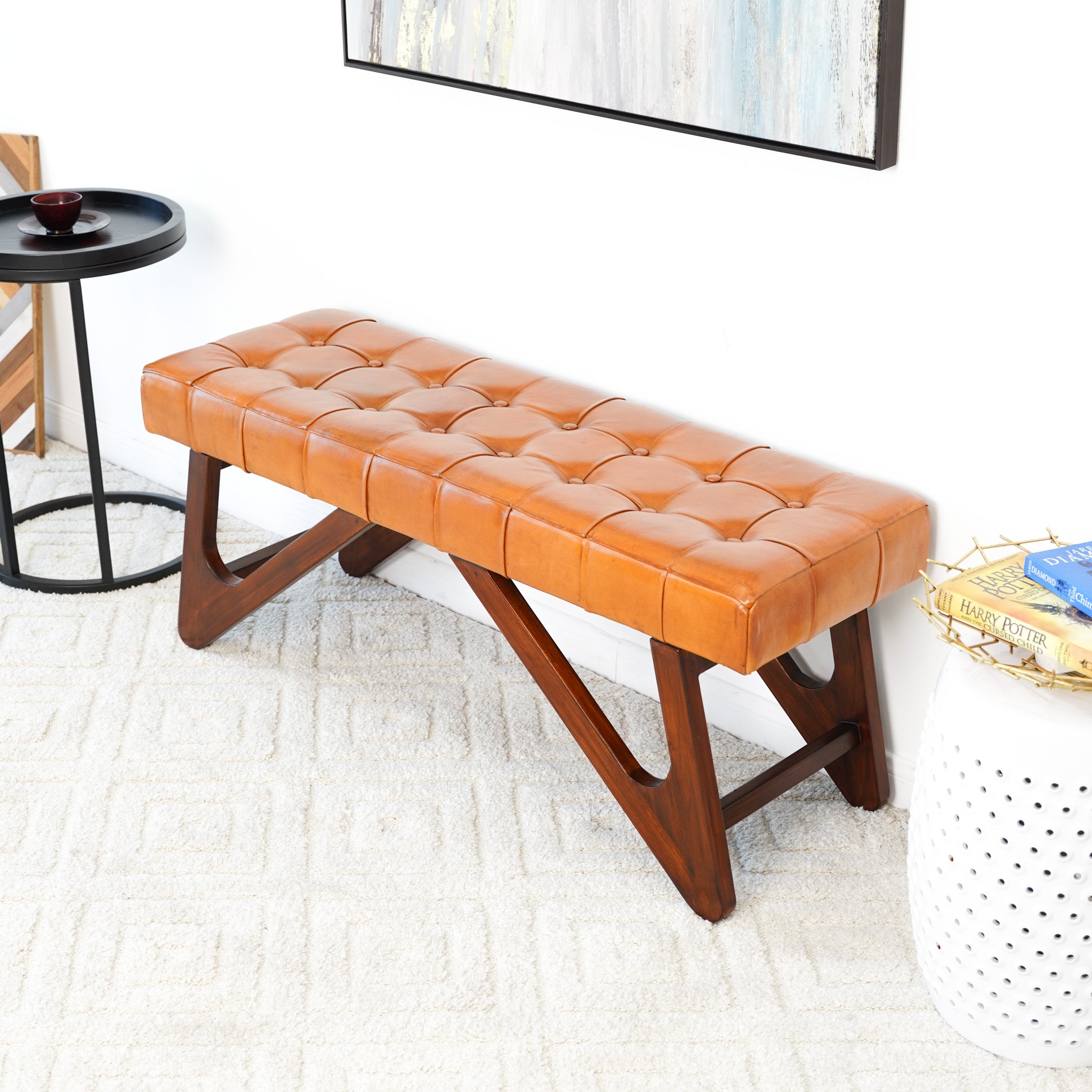 Melrose Tan Leather Bench - MidinMod