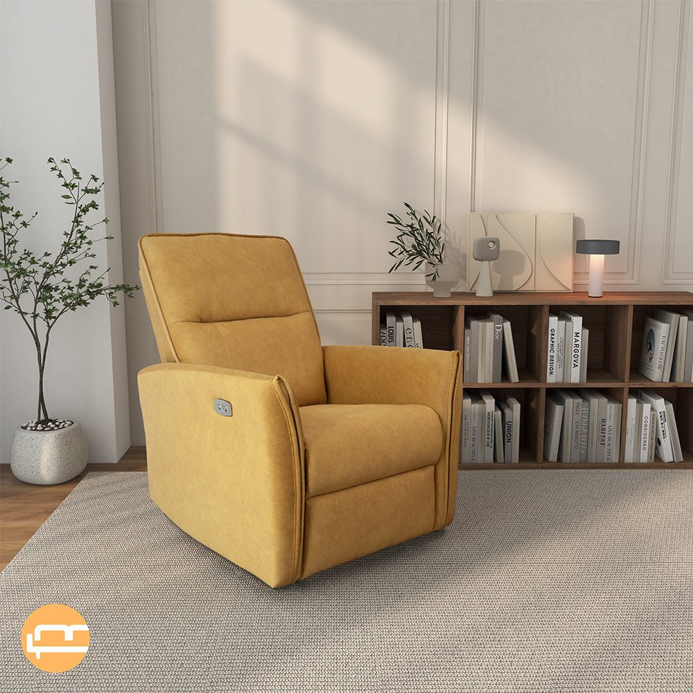 Yellow suede recliner in a living room beside a bookshelf and potted tree, upright with side control