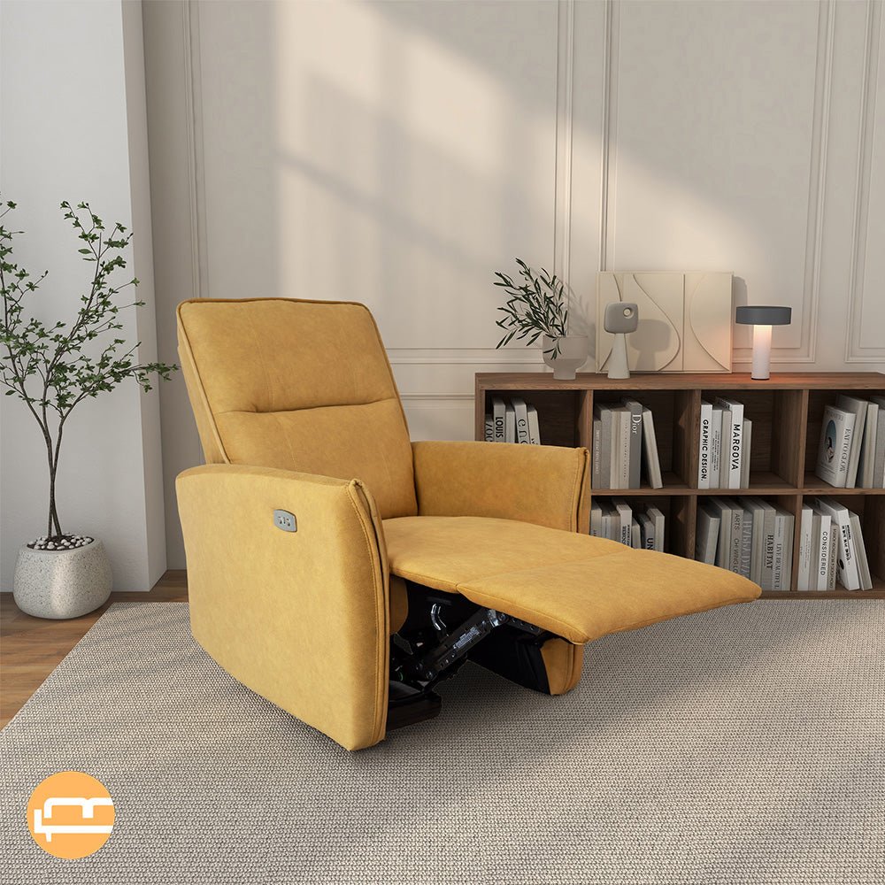 Living room lounge chair with footrest partly extended, showing the reclining mechanism underneath