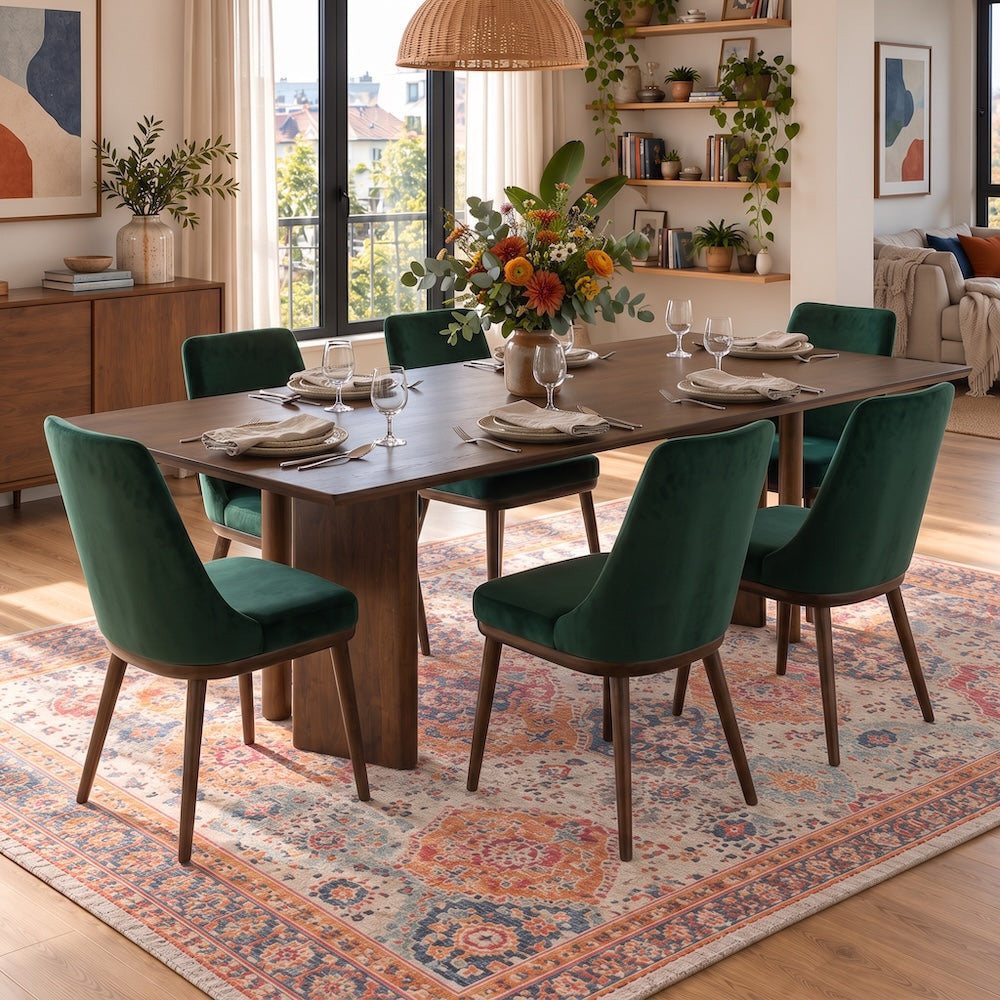 Walnut-toned rectangular dining table with flat panel legs, lifstyle studio