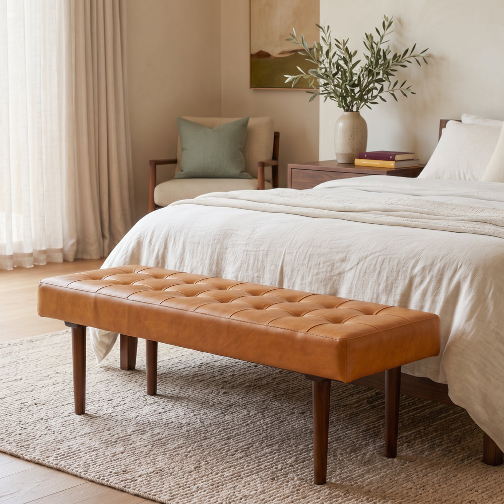 Banten Tan Leather Bench | Mid-Century Modern Tufted Genuine Leather Seating | MidinMod