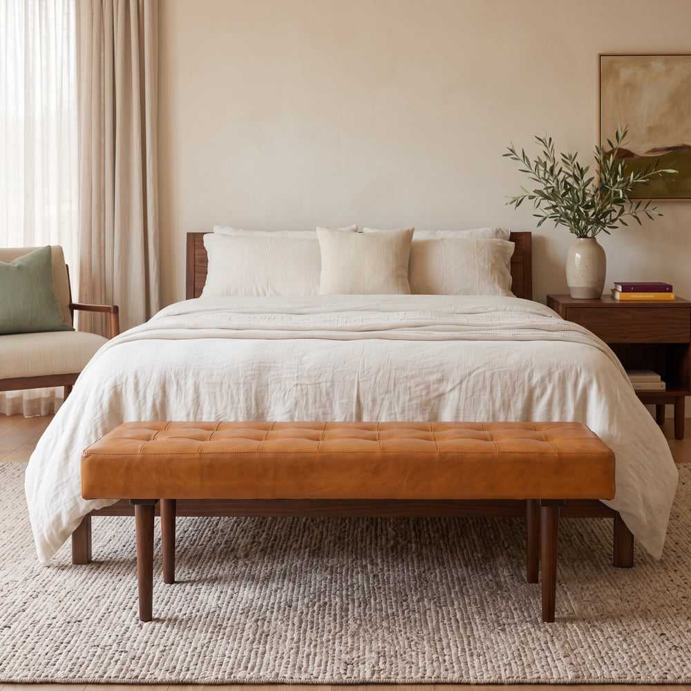 Banten Tan Leather Bench | Mid-Century Modern Tufted Genuine Leather Seating | MidinMod
