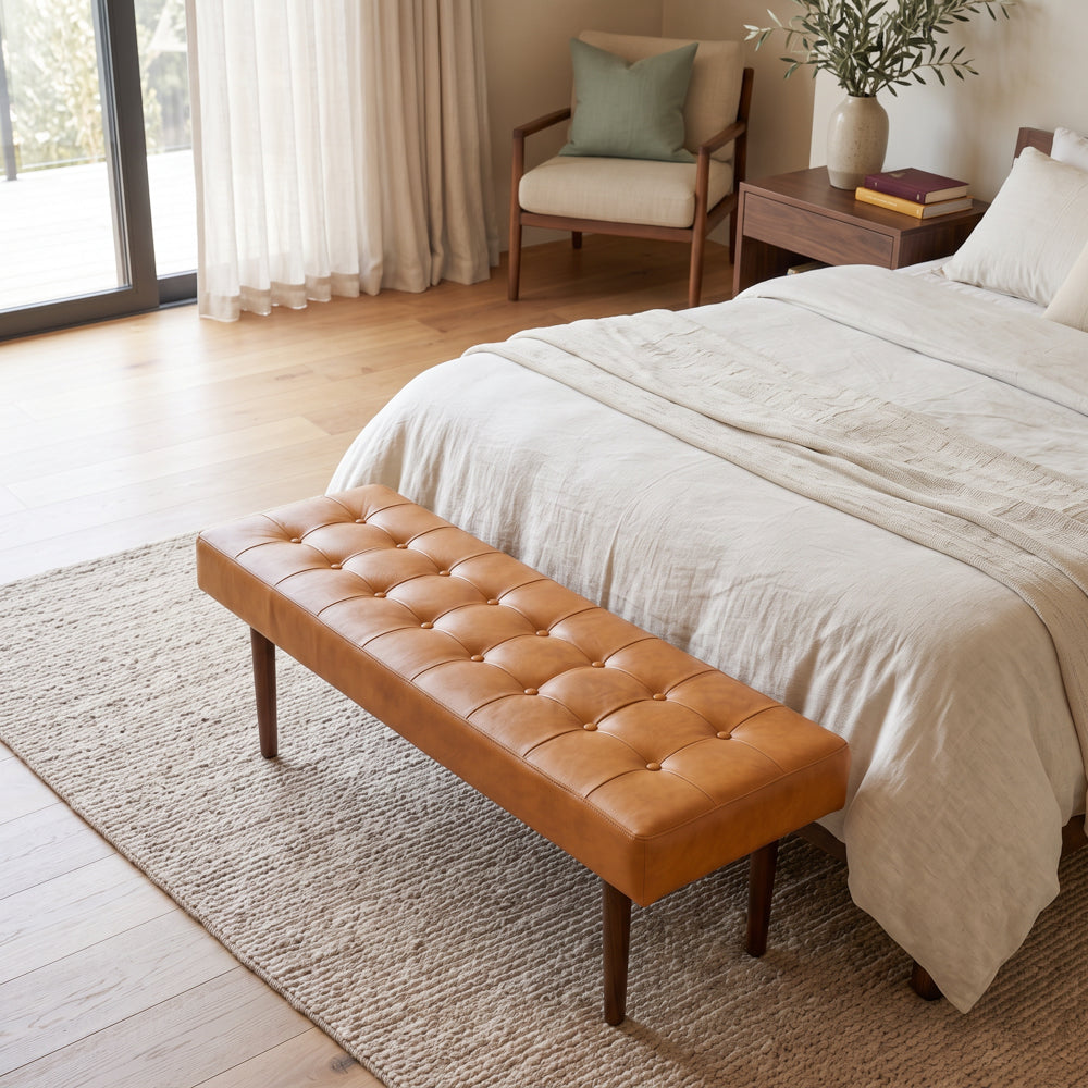 Banten Tan Leather Bench | Mid-Century Modern Tufted Genuine Leather Seating | MidinMod