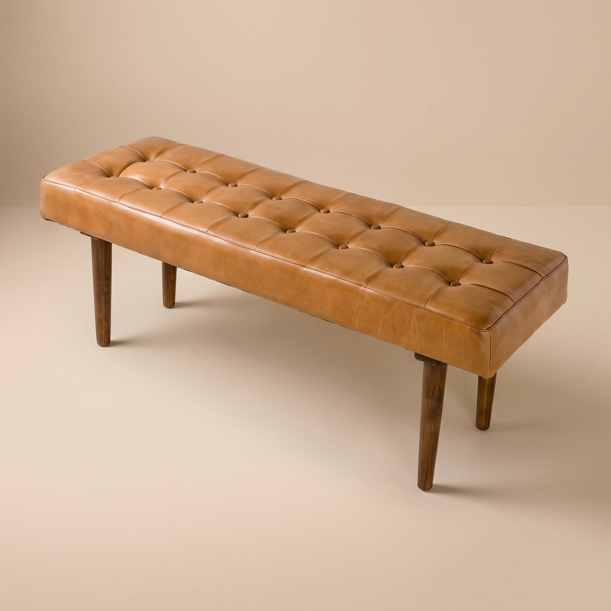 Banten Tan Leather Bench | Mid-Century Modern Tufted Genuine Leather Seating
