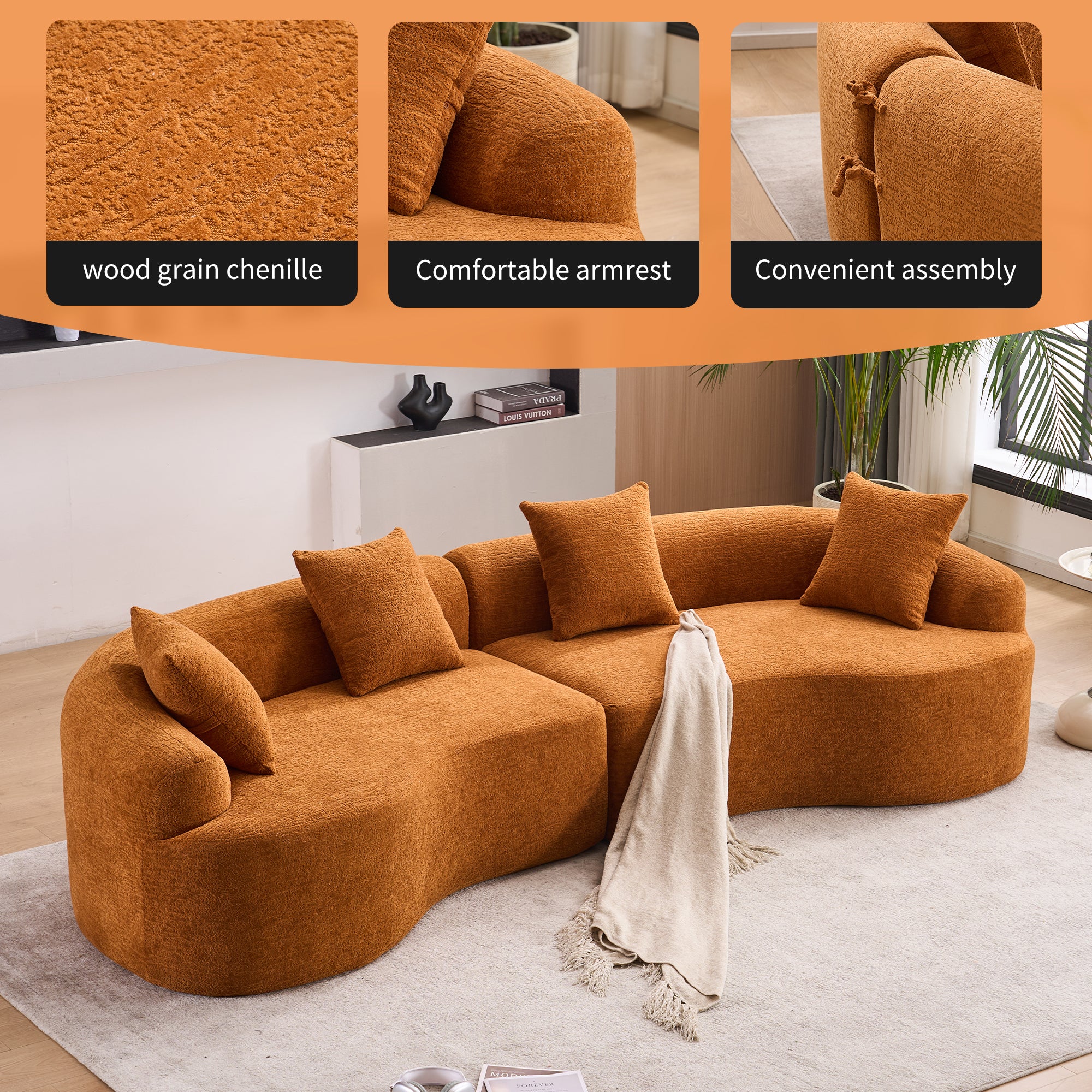 Branch Modern 110'' Curved Orange Sofa with All-Foam Construction - MidinMod