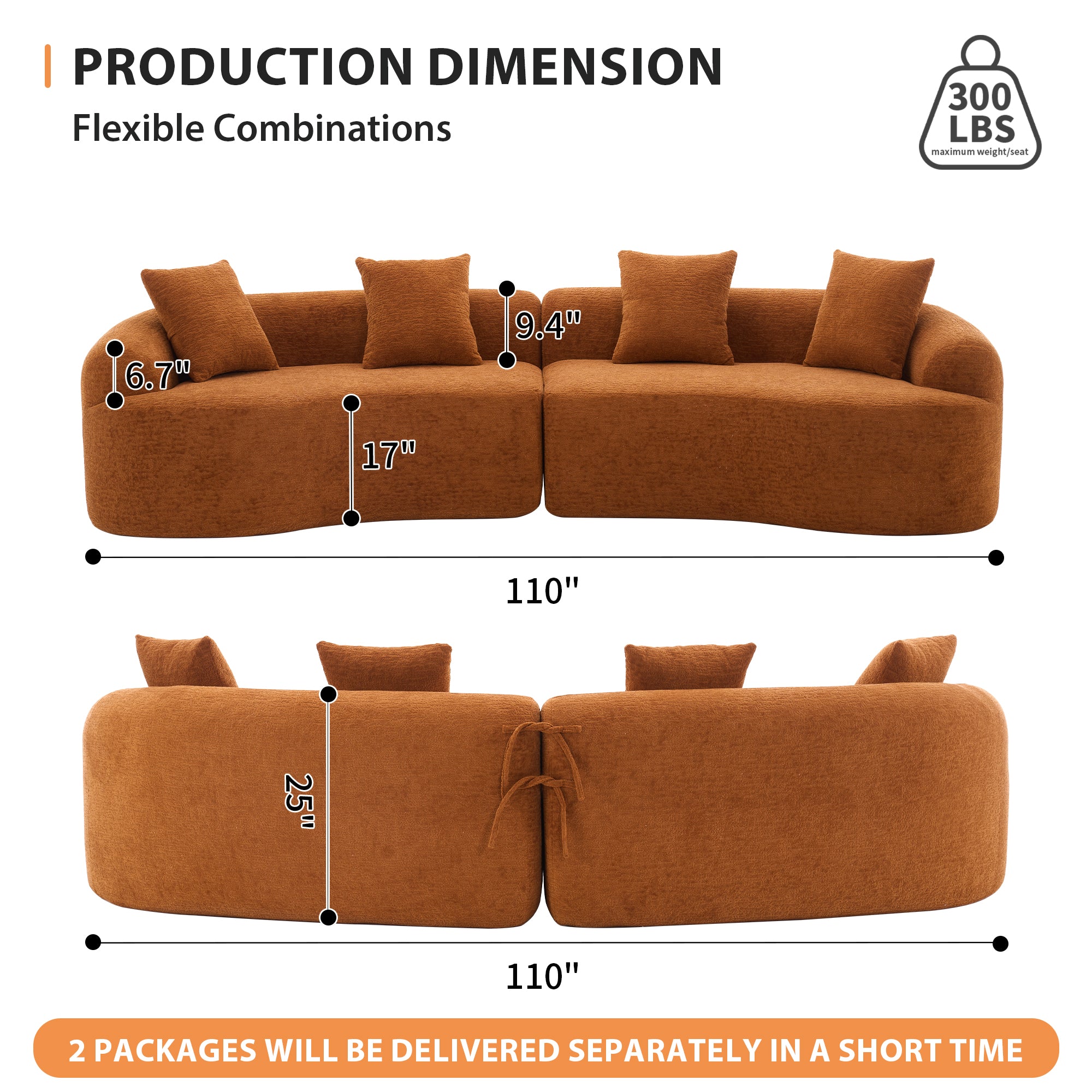 Branch Modern 110'' Curved Orange Sofa with All-Foam Construction - MidinMod